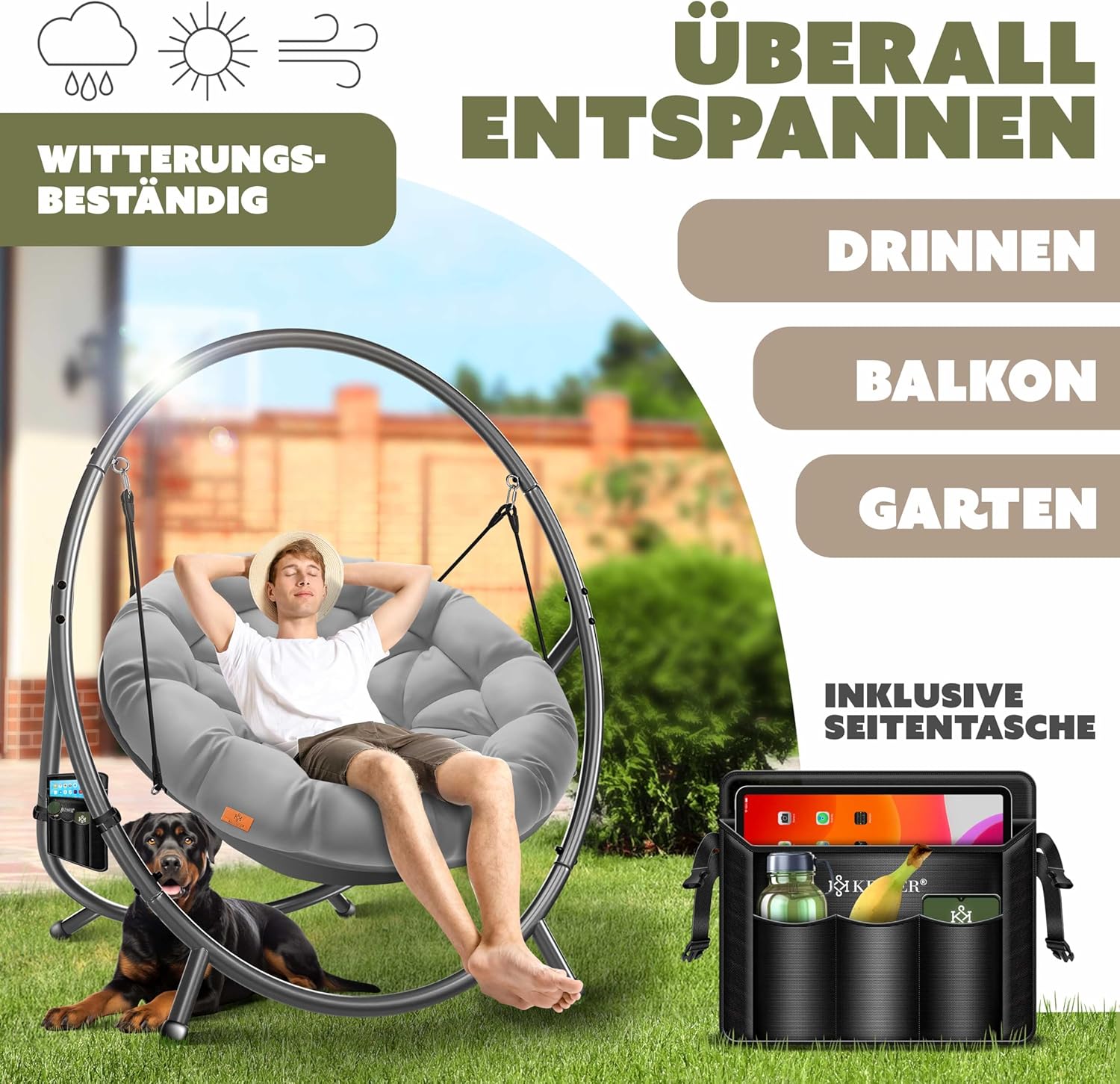 KESSER® Hängesessel mit Gestell Bali Hängeschaukel Hängestuhl bis 150kg für Indoor und Outdoor + Kissen & Seitentasche Hängekorb Stahlgestell & Schaumstoff Sitzpolster