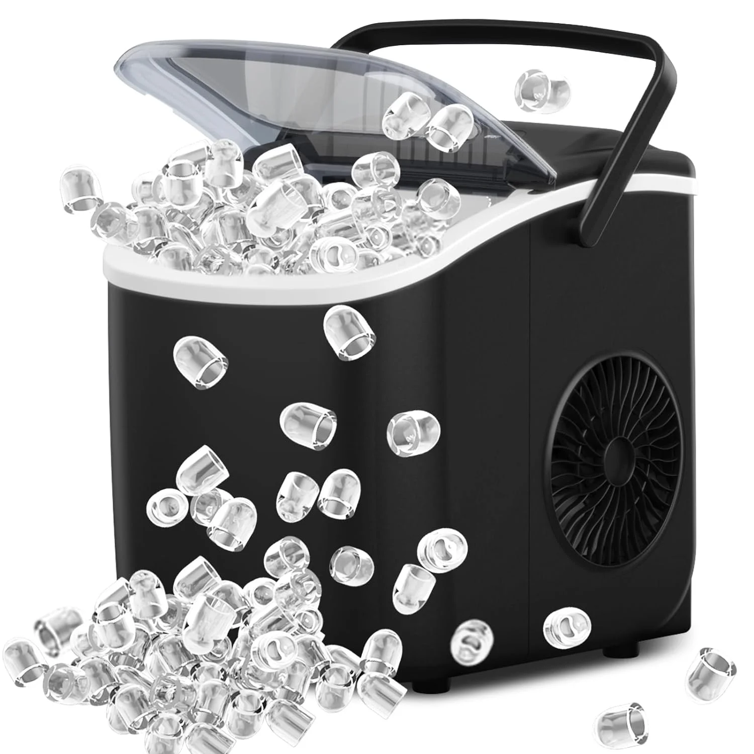 2025 Joy Pebble Bullet tafel ijsblokjesmachine met handvat, maakt 9 bullet-ijsblokjes in 6 minuten, 11,8 kg/24 uur, draagbare zelfreinigende ijsblokjesmachine met mand en schep, voor thuis/keuken/camping/caravan