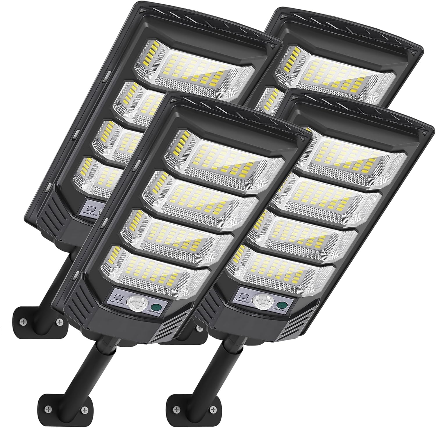 Solarleuchten Außen mit Bewegungsmelder, 192 LEDs 6500K Solar Straßenlaternen mit Fernbedienung, Dämmerung bis Morgendämmerung Wasserdicht Flutlichter für Hof, Garage, Parkplatz, 4er-Pack