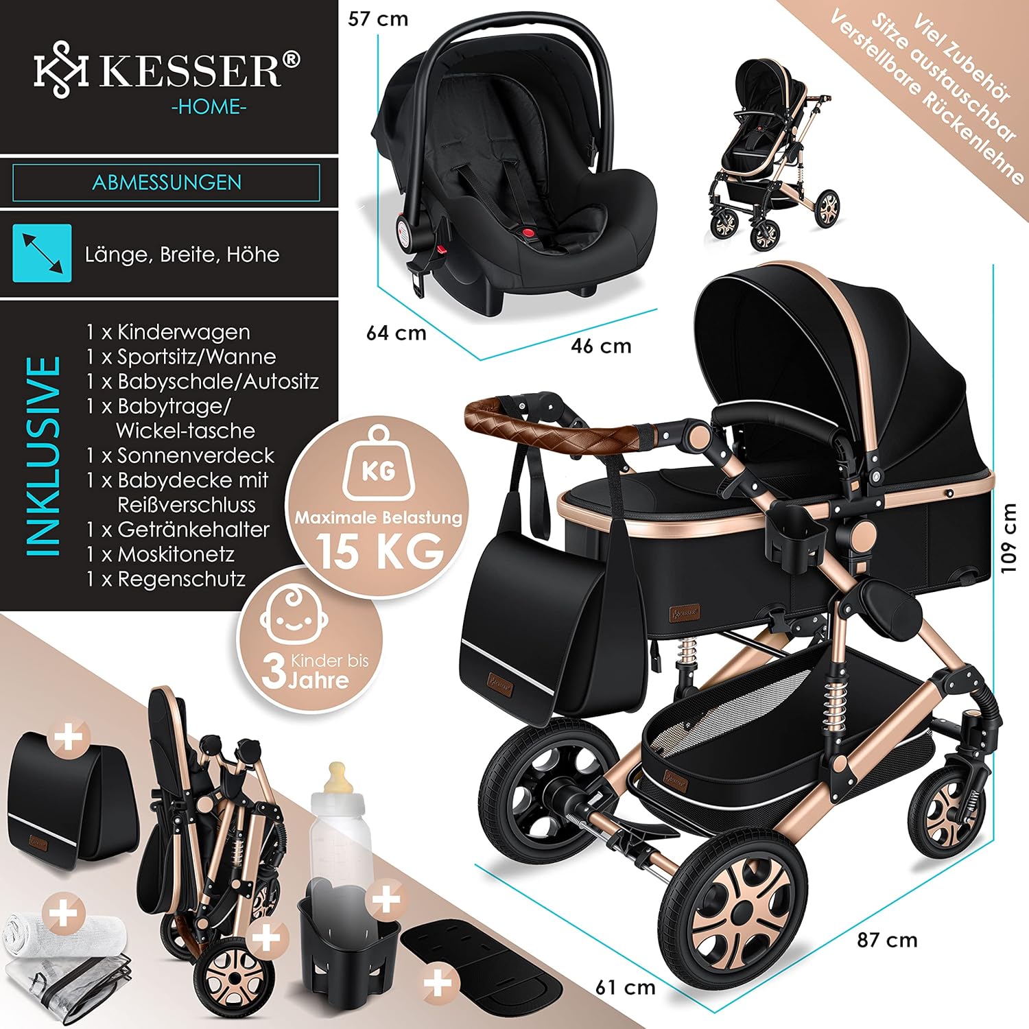 KESSER® Loops 3 in 1 Kinderwagen Kombikinderwagen Komplett-Set inkl. Babywanne & Buggy Sportsitz & Auto-Babyschale Voll-Gummireifen Wickeltasche Regenschutz Kindertisch ECE R129, Schwarz/Champagne