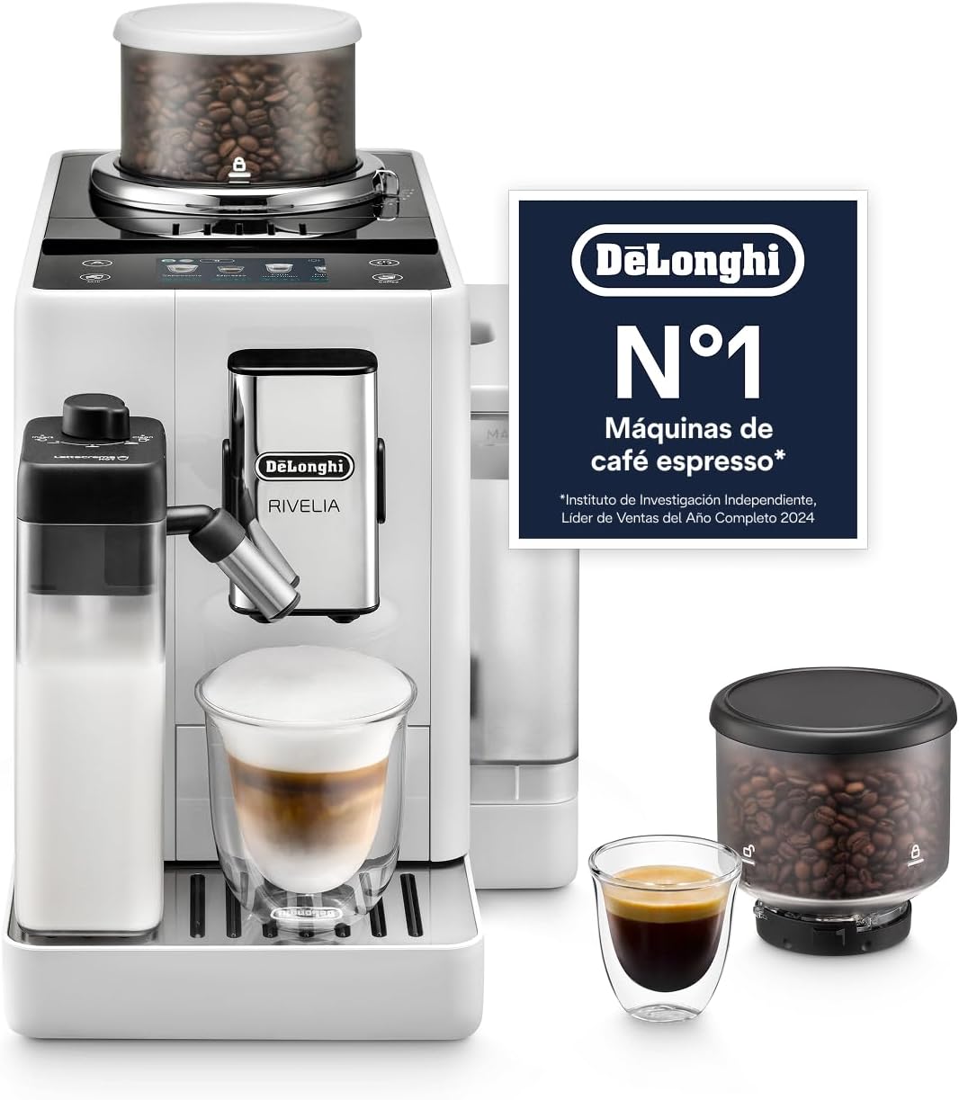 De'Longhi Rivelia Superautomatic Coffee Maker, LatteCrema Automatic Milk Jug, 16 One-Touch Drinks, Touch Screen, Interchangeable Coffee Bean Tanks, White (EXAM440.55.W)