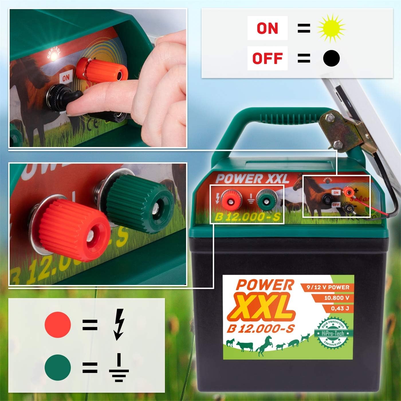 VOSS Power XXL B 12.000-S, 10.800V Starkes Solar-Weidezaungerät 9V 12V, inkl. 55Ah Batterie und Warnschild, Hocheffektives Solarmodul, Für Pferde, Ponys, Hund, Katze, Reiher, Rind, Schwein