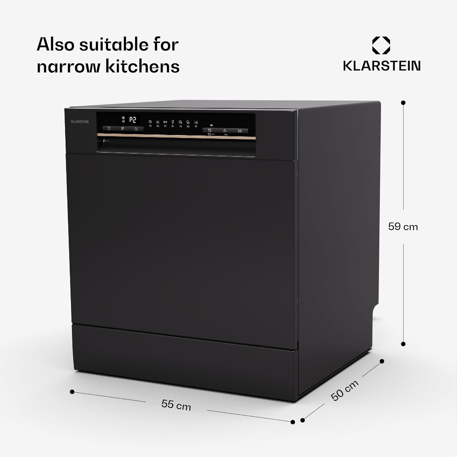 Klarstein  ia 8 - Spülmaschine, Geschirrspüler, Freistehend, Teilintegriert, F, 55 cm breit, 8 Maßgedecke, 6 Programme, Aquastop, silber