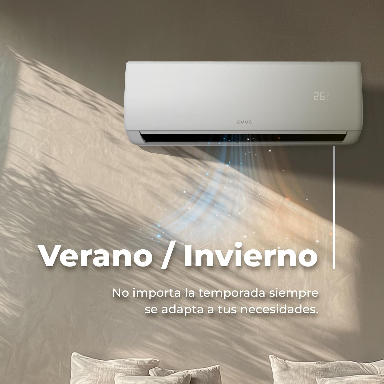 EVVO Splitklima-Klimaanlage, WLAN, Kühlung und Heizung, WLAN-Konnektivität, Invertermotor, Wärmepumpe, Klasse A++/A+, Luftentfeuchter, Kühlmittel R32 (9.000 BTU)