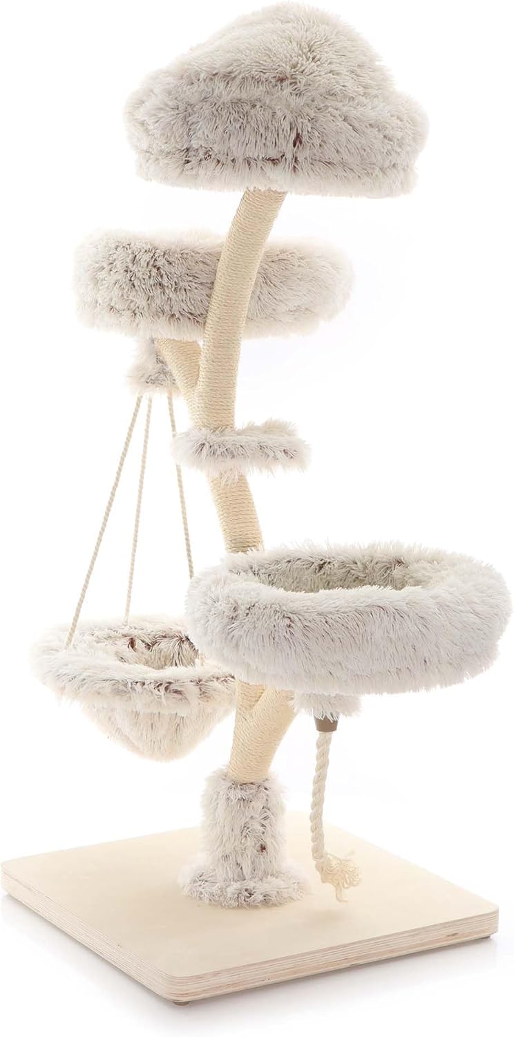 Fudajo Designer Krabpaal in Takontwerp 130 cm hoog, Kattenkrabpaal met Pluche en Sisal, Klimboom voor Katten, Kattenboom met Hanggemat