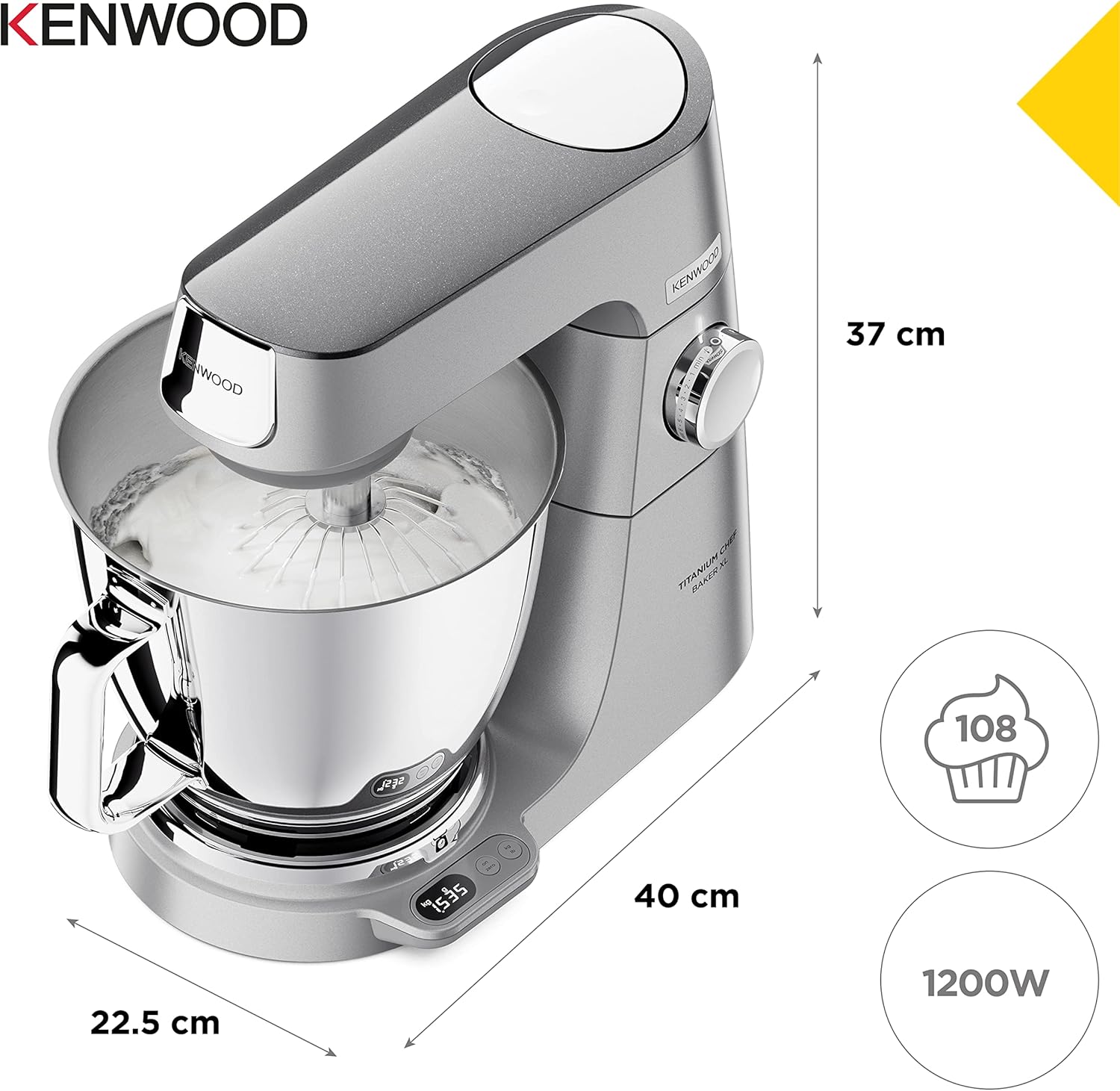 Kenwood Titanium Chef Baker KVL85.424SI Küchenmaschine mit integrierter Waage, inkl. 4-teiligem Patisserie-Set, 7 L und 5L Rührschüssel, stufenloser Geschwindigkeitsregler, 1200 W, Silber