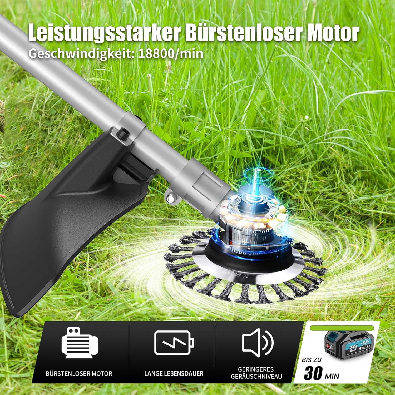 Accu grastrimmer met 2 accu's, 16000mAh/21V 1000W borstelloze accu bosmaaier, maaibreedte 30cm, multifunctionele accu graskantensnijder voor gazon tuin snoeien - E-Edge