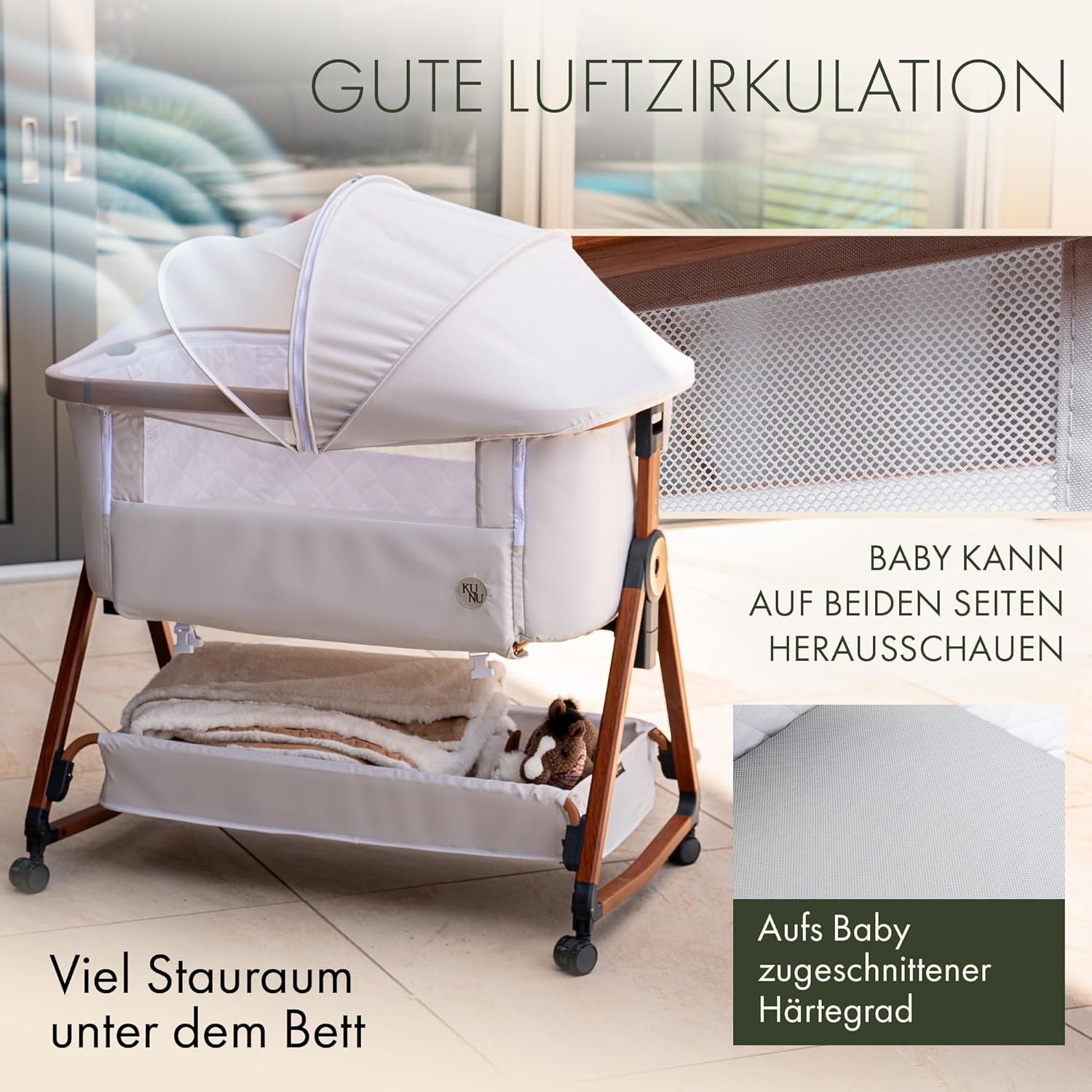 KUNU® Babybett - Beistellbett Baby mit Rollen für Boxspringbett - 3 in 1 rollbares Baby Bett Reise Babywiege - Stubenwagen mit Wiegefunktion & höhenverstellbar - Sicheres Reisebett inkl Reisetasche