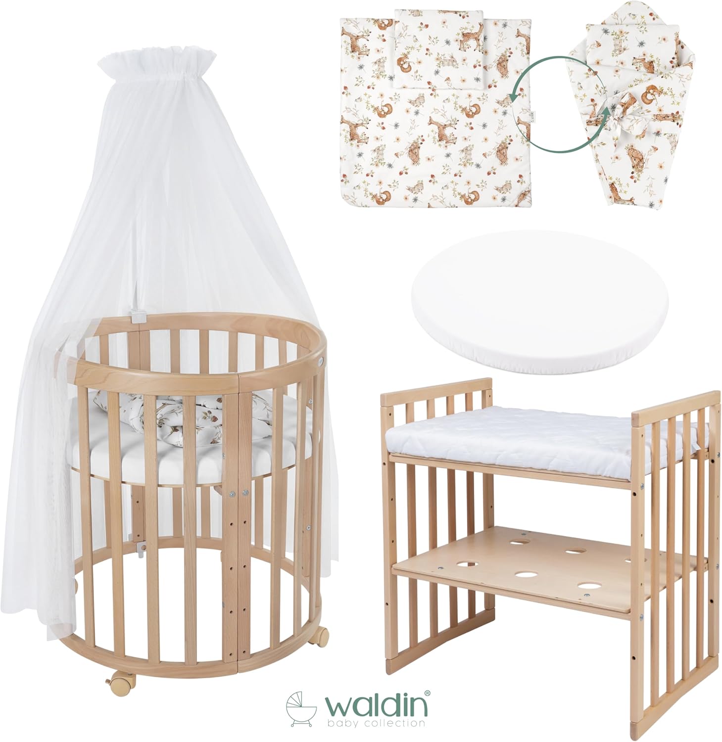 Waldin Oval Baby-Bett Mitwachsend Komplett Set 7in1, Gitterbett, Kinderbett mit Matratze, Wickelkommode, Beistellbett, Holz Weiß