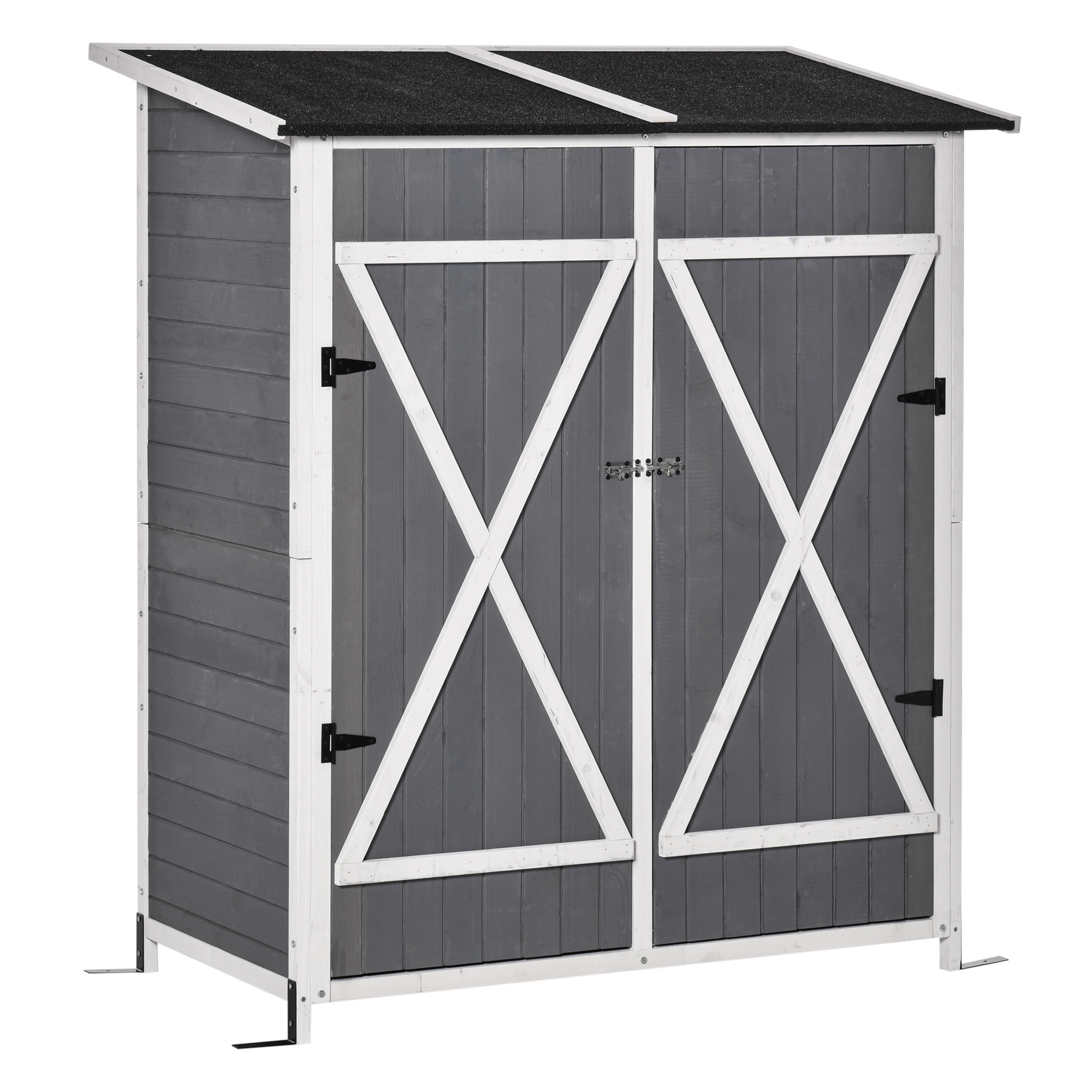 gereedschapsschuur met 2 deurs gereedschapskast met asfaltdak Tuin opbergkast anti-dumping design met grondspijkers dennenhout grijs + wit 139 x 75 x 160 cm