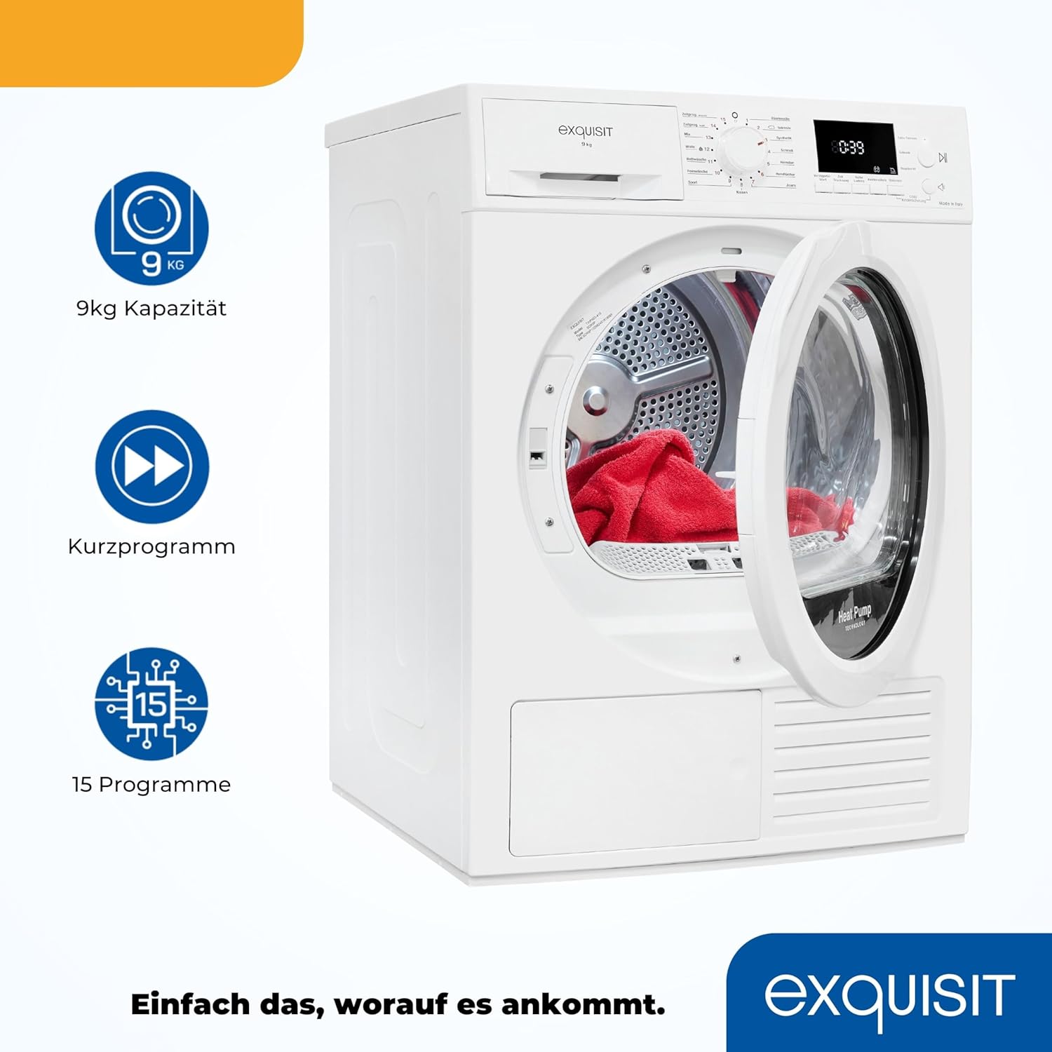 Exquisit Wärmepumpentrockner 9kg - leise Trocknung mit Knitterschutz, digitaler Anzeige & Schuhtray - TWP903-410 weiss