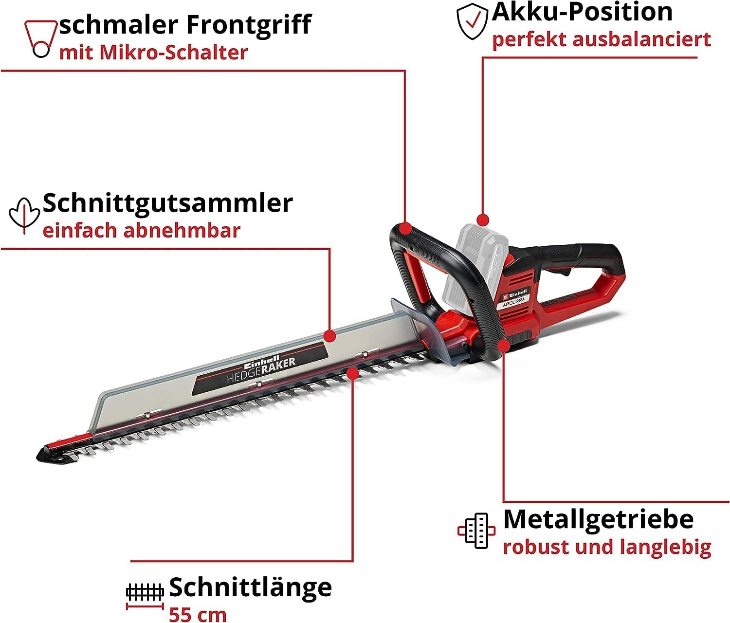 Einhell Akku-Heckenschere ARCURRA 18/55 Power X-Change (18 V, 55 cm Schnittlnge, 18 mm Zahnabstand, inkl. Schnittgutsammler, schmaler Frontgriff, ohne Akku)