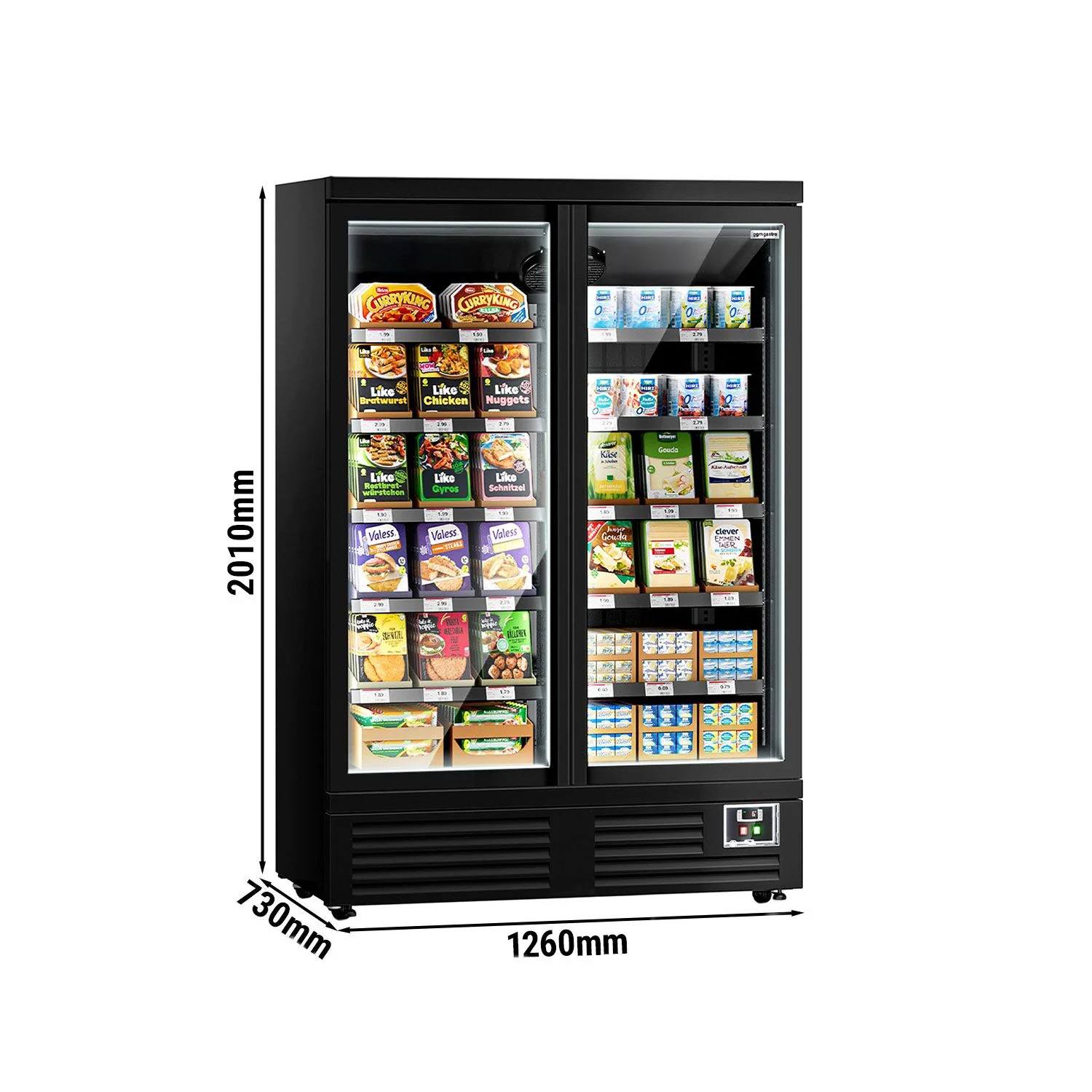 Kjølereol - 1260 mm - 991 l - +2 °C til +8 °C - med 2 hengslede glassdører, med dobbelt isolerglass & 5 hyller - svart
