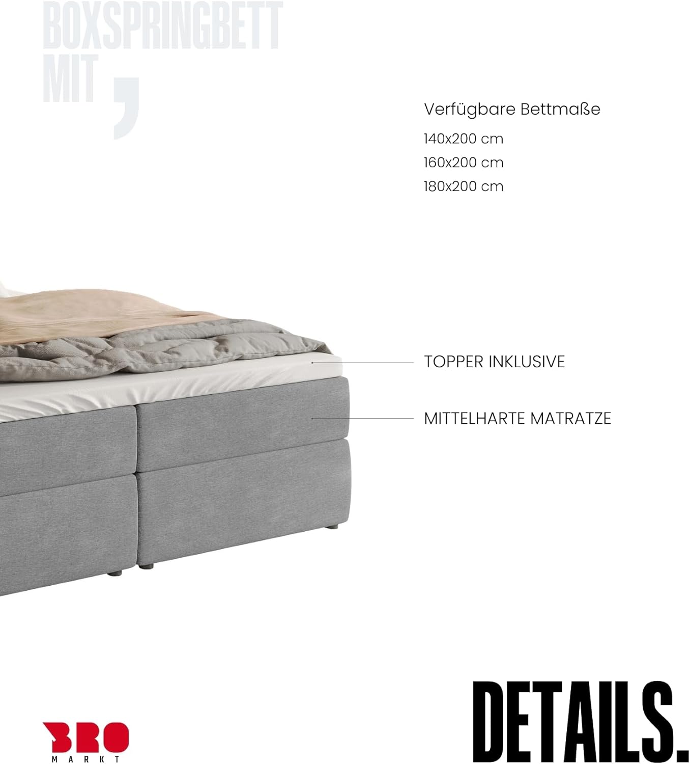 BROMARKT Boxspringbett mit Bonell Matratze Härtegrad H3 140x200cm Polsterbett mit Bettkasten Doppelbett mit Topper gepolsterte Kopfstütze Bett für Schlafzimmer Denver Hellgrau