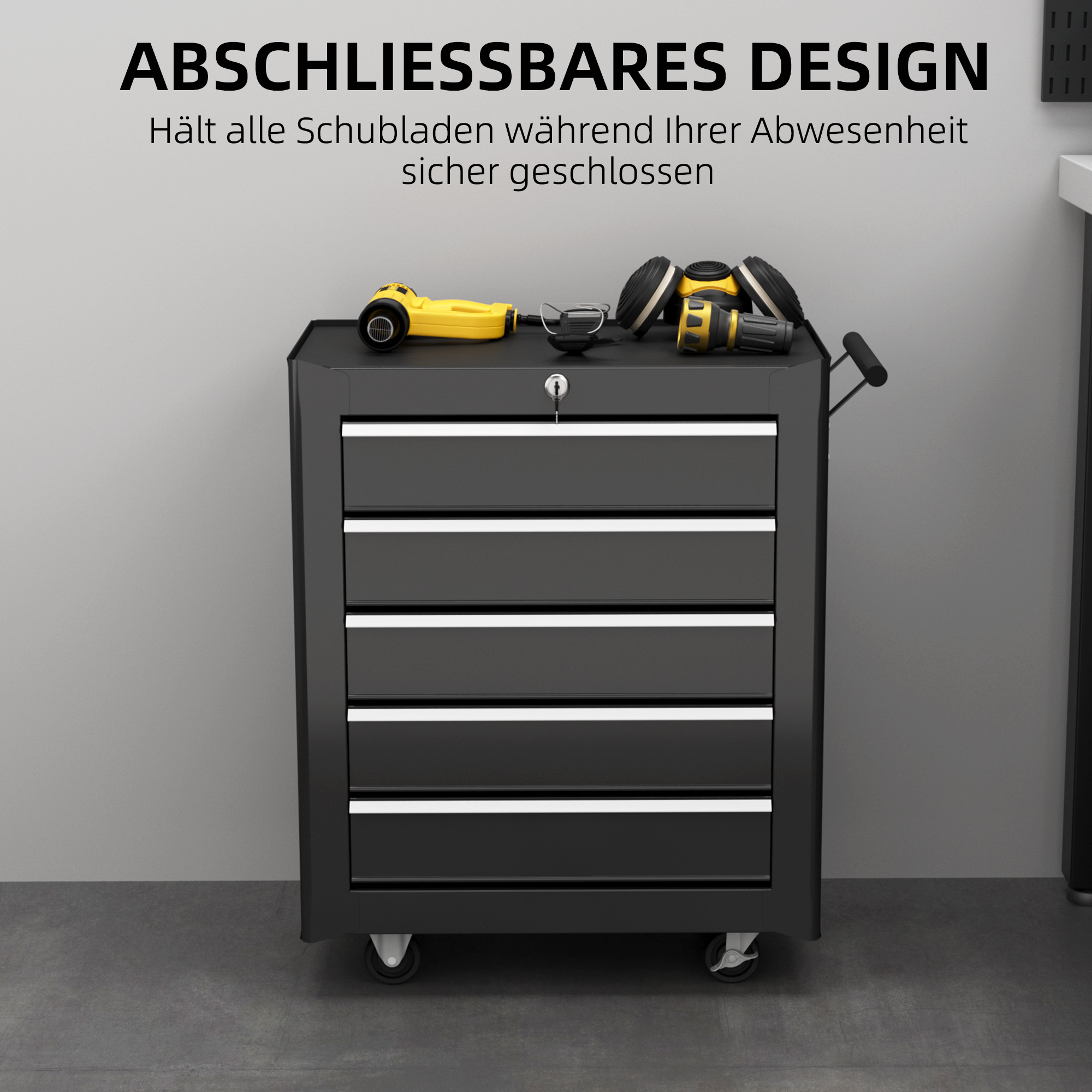 Gereedschapskist, Gereedschapskast, Rolbaar, 5 Laden, Staal, Zwart