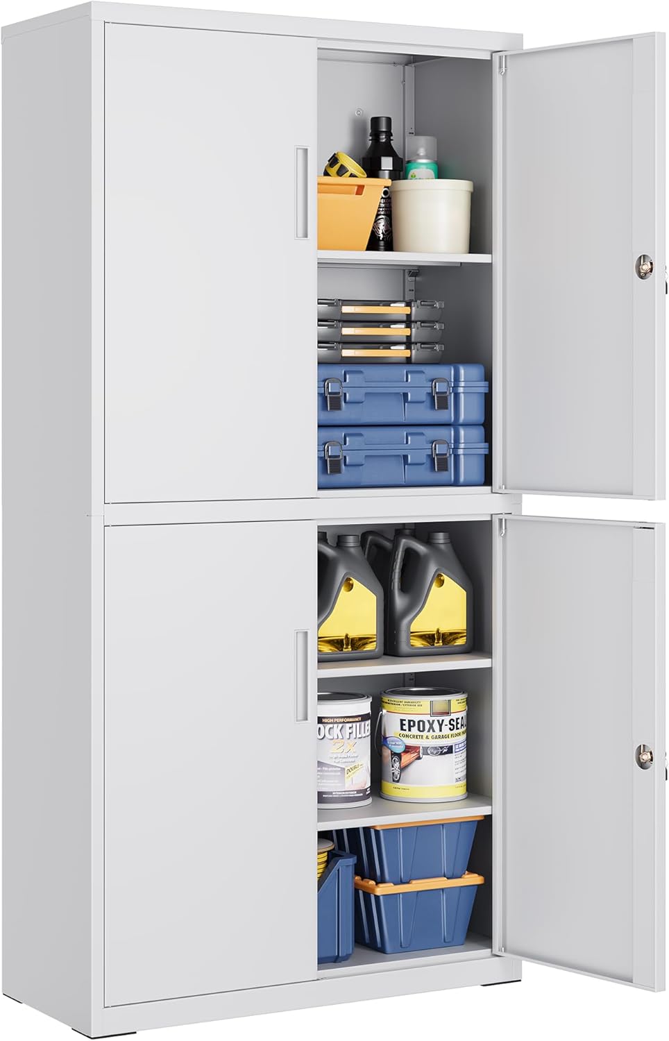 SONGMICS Aktenschrank, Mehrzweckschrank, Büroschrank, mit 4 Türen und 5 Ebenen, 40 x 80 x 180 cm, 2 Schlösser, verstellbare Ablagen, Aufbewahrungsschrank aus Stahl, mattgrau OMC016G01