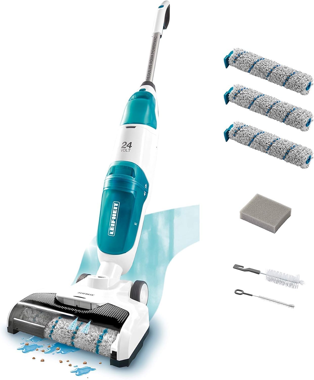 Leifheit Set Akku Saugwischer Regulus Aqua PowerVac inkl. Zubehör, saugen und wischen, Leichter Nasssauger mit leistungsstarken 24V, kabelloser Waschsauger mit 22min Akku-Laufzeit und Standfunktion
