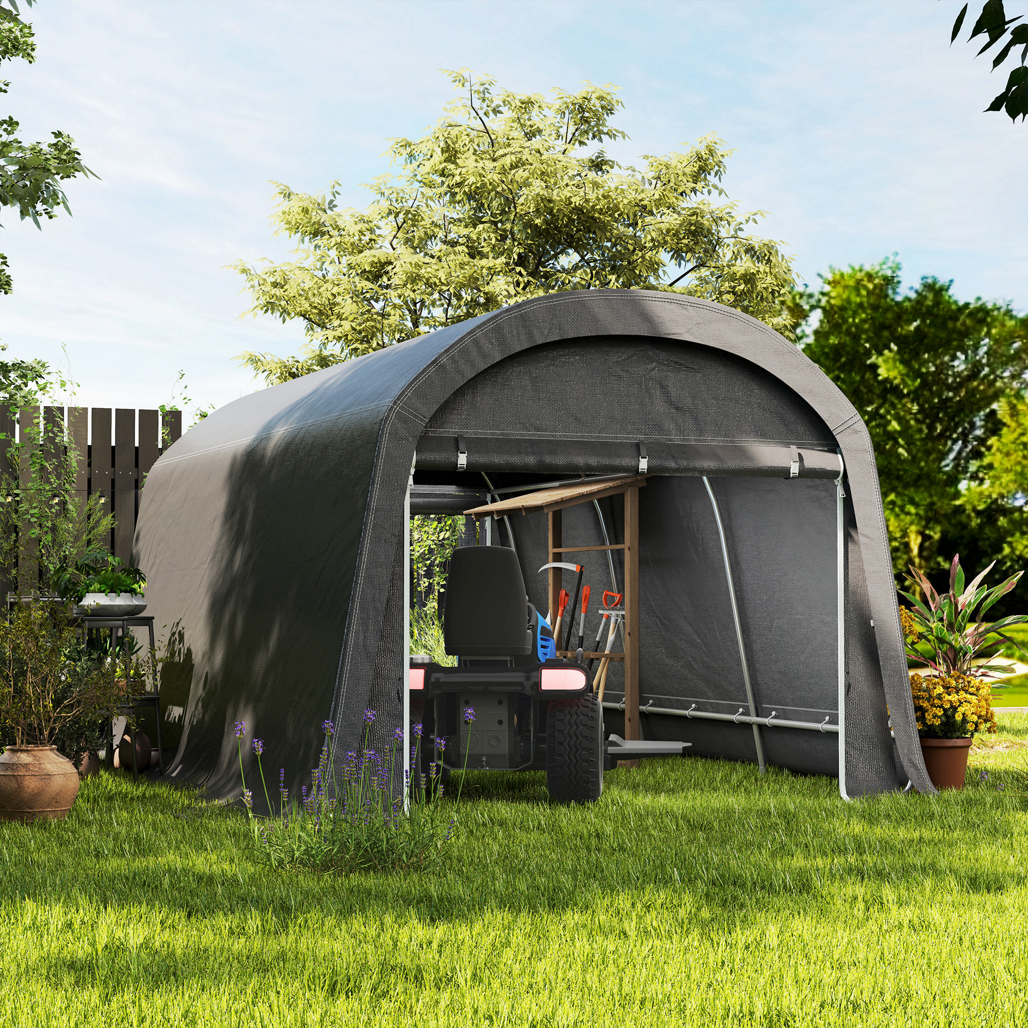 /Tuinschuur met Plastic Zeil, Gereedschapstent, Opzetbare Garage, 300B x 450D x 230H cm, Donkergrijs