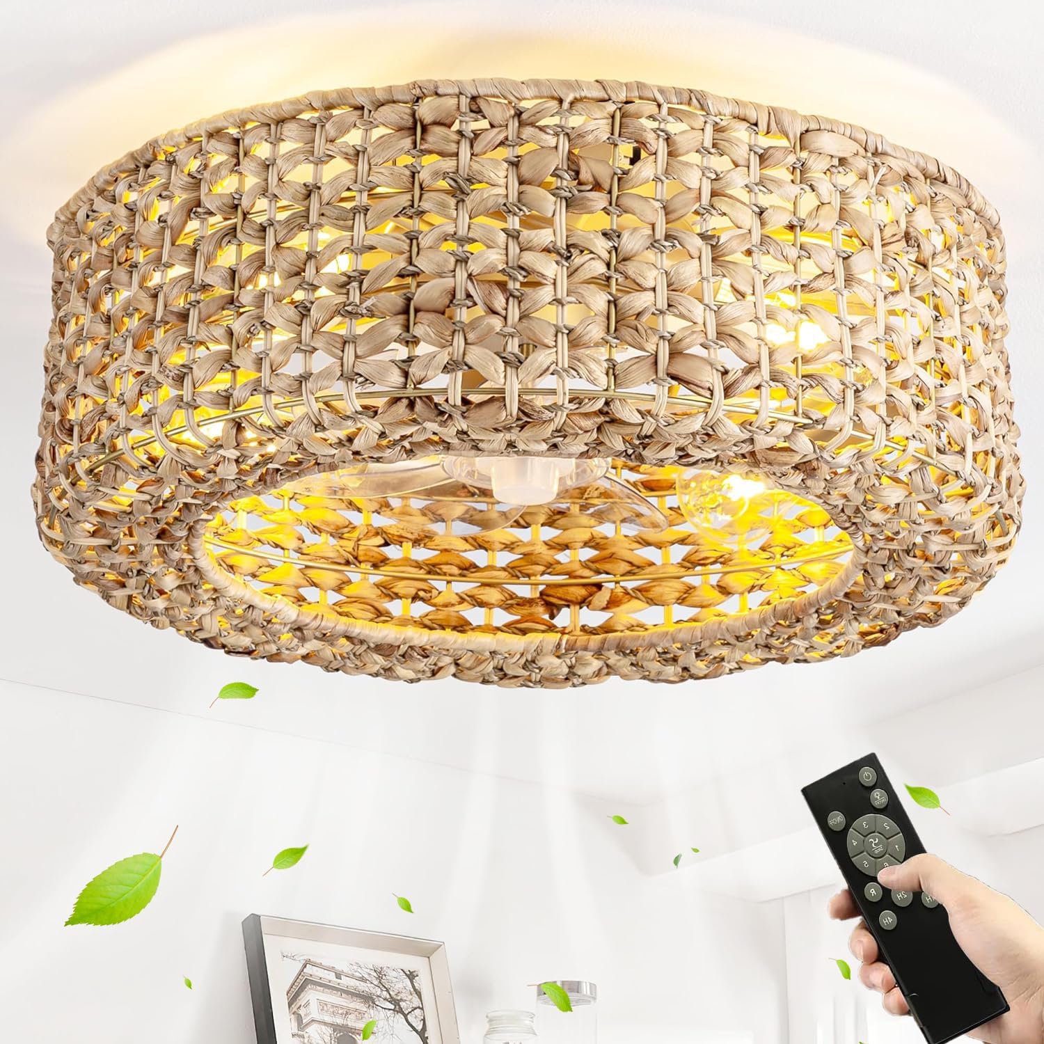 Boho Rattan Deckenventilator Mit Beleuchtung und Fernbedienung E27 Retro Ventilator Deckenleuchte Leise Schlafzimmer Lüfter Licht 6 Wind Speeds Timer Fan Deckenlampe für Wohnzimmer Esszimmer Farmhouse