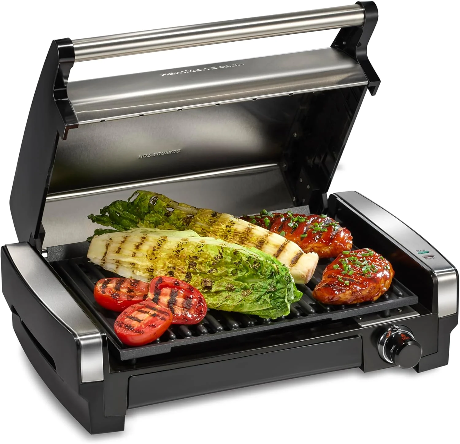 Hamilton Beach Electric Indoor Searing Grill with Viewing Window & Adjustable Temperature Control to 450F. 118 sq. in. Surface Serves 6. PFAS-Free Removable Nonstick Grate. Stainless Steel