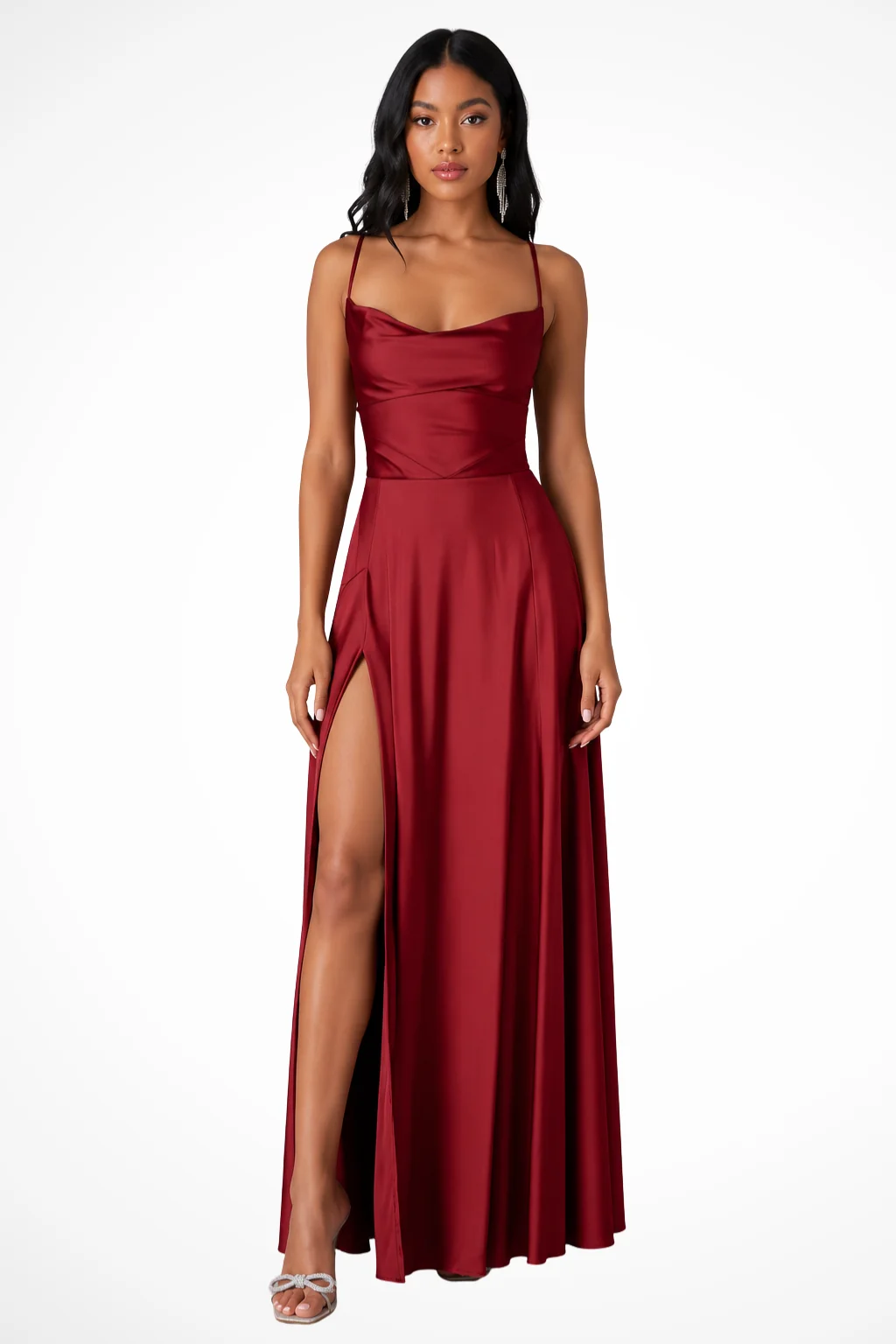 Damen Satin-Maxikleid mit Wasserfall-Ausschnitt und Seitenschlitz | Festliches Abendkleid f��r Hochzeitsg?ste und Events