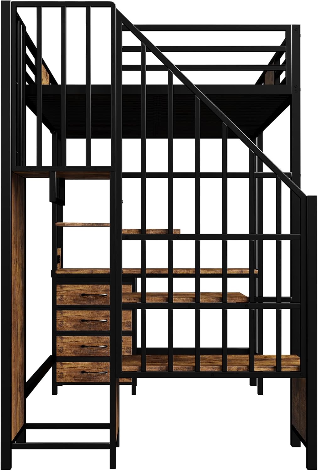 Merax Hochbett 90×200 cm aus Metall, mit Schreibtisch, Offener Kleiderschrank, Loftbett mit LED-Beleuchtung und Steckdose, platzsparendes Etagenbett (ohne Matratze)