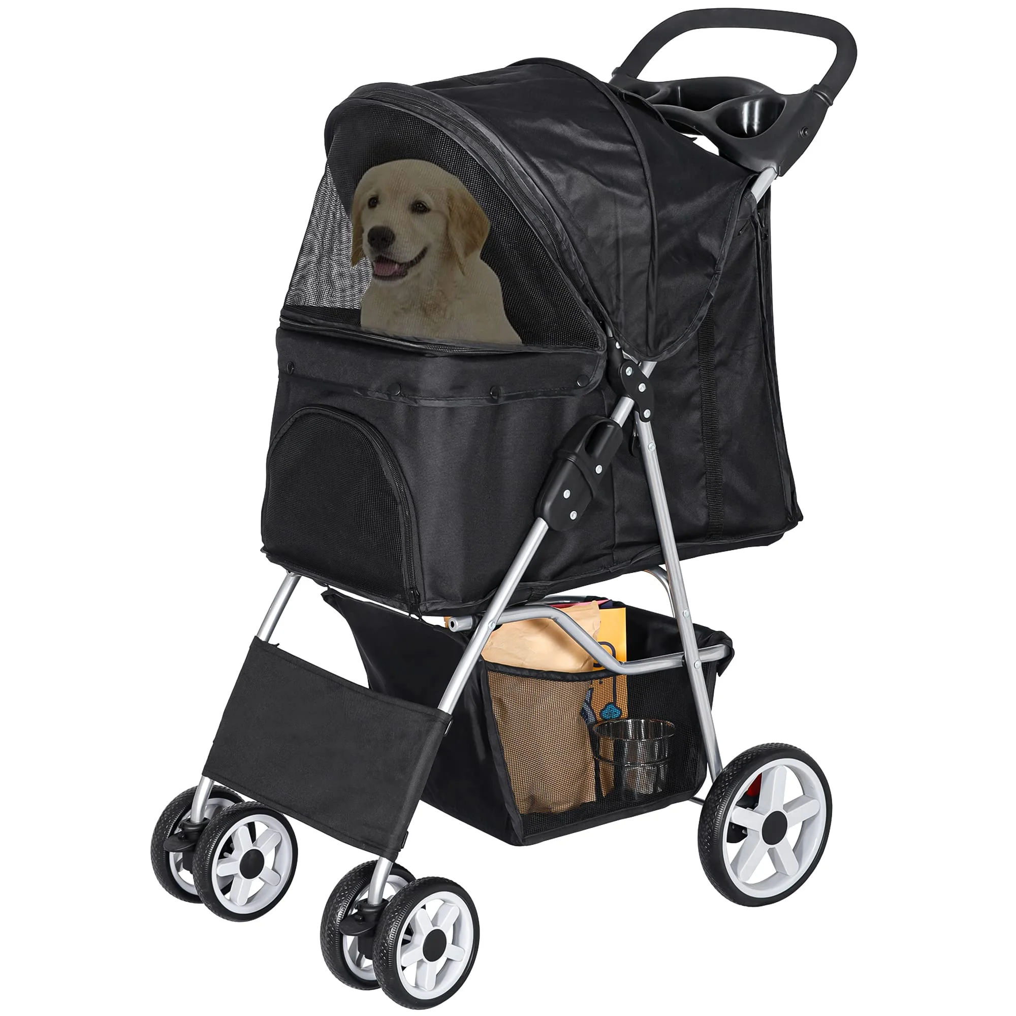 2025 Hondenwagen met 4 Wielen voor Kleine en Middelgrote Honden en Katten, Opvouwbaar, met Opslagmand en Bekerhouder