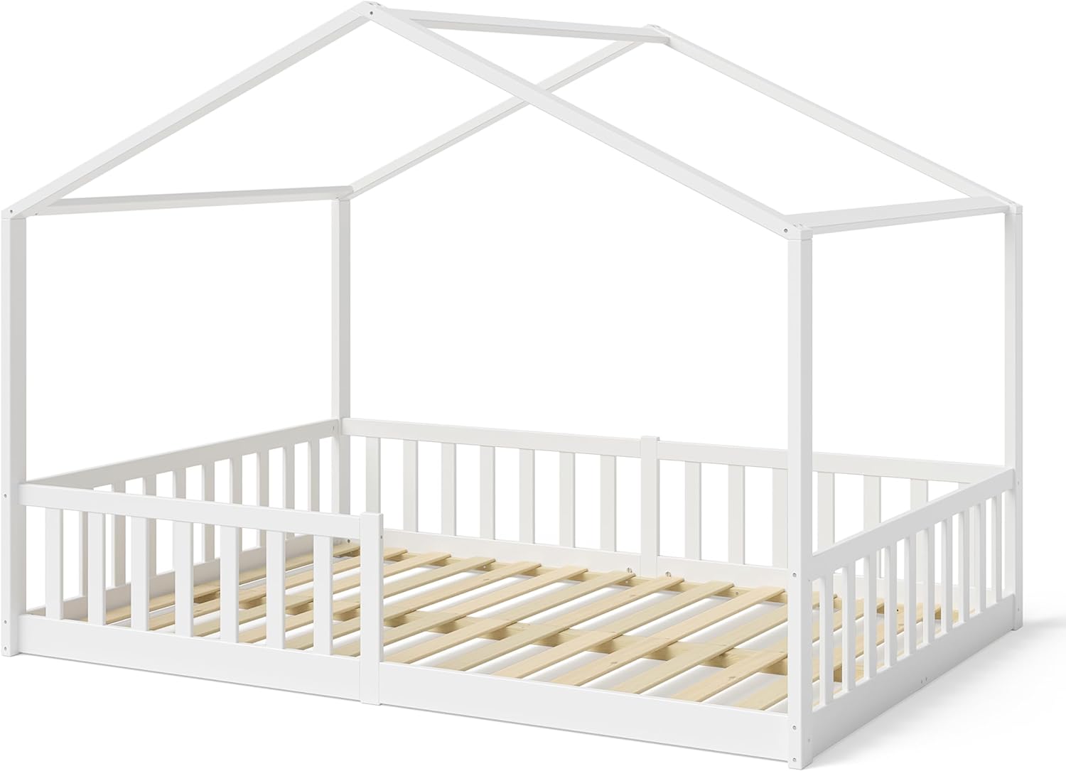 Bellabino Kinderbett Bia 140x200 cm, Hausbett Kinder inkl. Rausfallschutz und Rolllattenrost, Montessori Bodenbett weiß aus Massivholz Kiefer