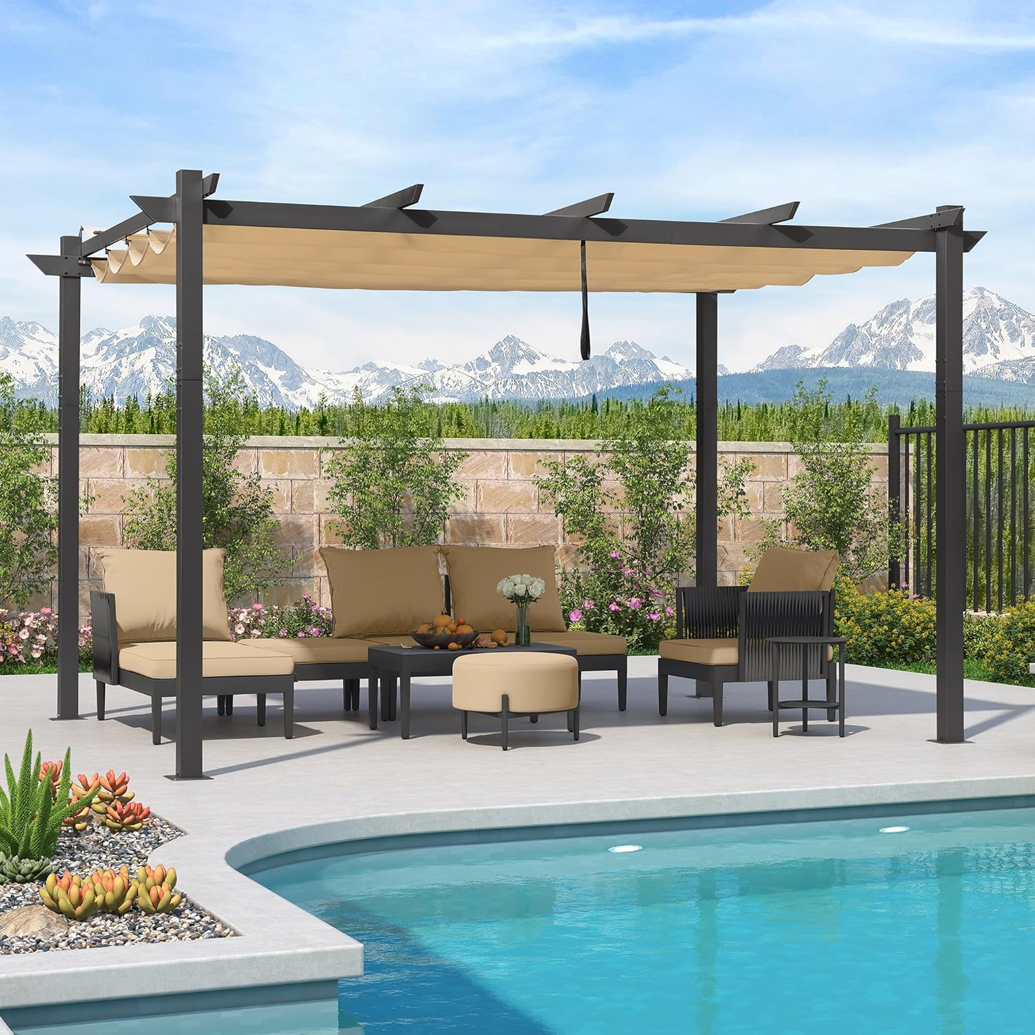 PURPLE LEAF Pergola 3 x 4 m Aluminium Garten Pavillon Wasserdicht Sonnendach mit Schiebedach, Terrassenüberdachung mit Markisenschutz für Garten Terrasse, UV Beschattung, Beige