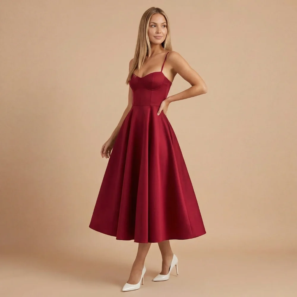 Damen Cocktail-Midikleid mit Herzausschnitt und ausgestelltem Rock
