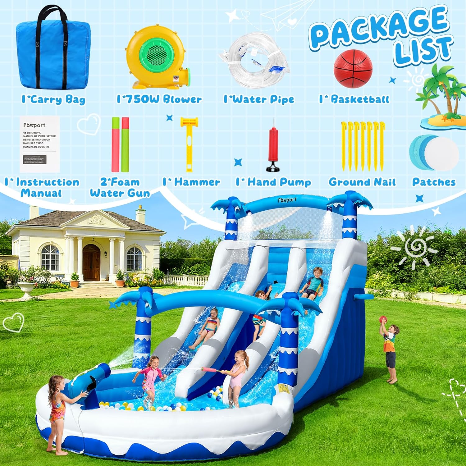 Hüpfburg XXL mit 2 Wasserrutsche für Gewerblichen Erwachsene & Kinder, Aufblasbare Bouncy Castle für Indoor Outdoor mit Gebläse Größe Pool Rutsche Korb Sprinkleranlage und Kletterwand, 630x290x285 cm
