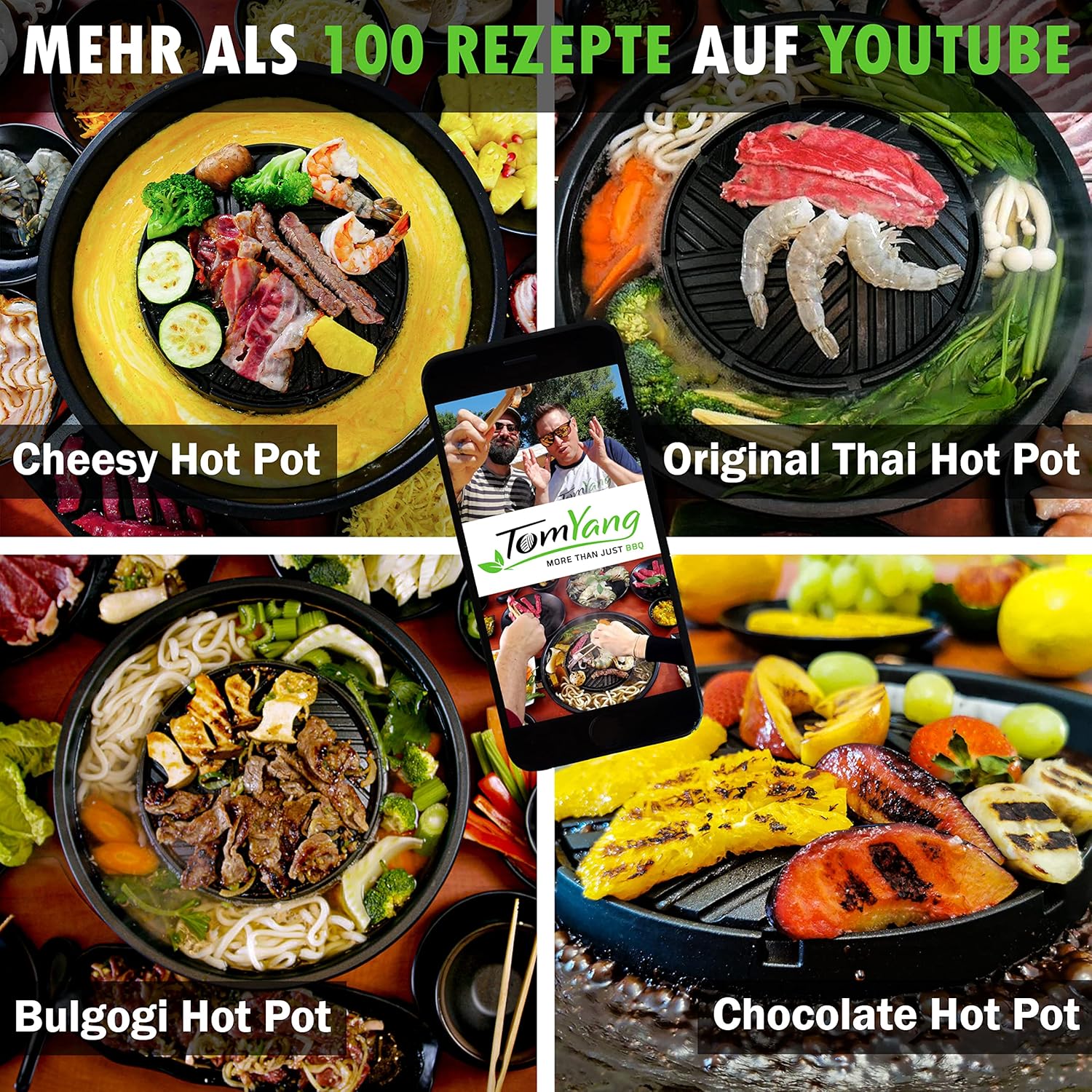 TomYang BBQ inkl. Premium Zubehör für 2 Personen - Original Thai Grill und Hot Pot. Die gesunde Schlankmacher-Küche aus Fernost als Tischgrill, Elektrogrill und Asia Fondue