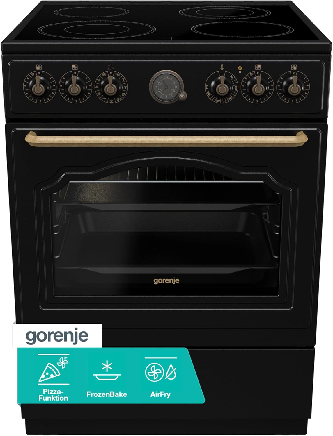 Gorenje Classico GECS 6 B70CLB Elektrostandherd mit Glaskeramik-Kochfeld/Retro Design / 60cm / 71 Liter/Gentle Close/Schnellaufheizung/AirFry/ExtraSteam/Pizzamodus/AquaClean/schwarz