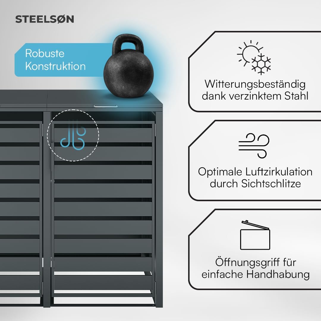 STEELSØN Kestra Mülltonnenbox 4er bis 240L – Mülltonnenverkleidung mit Sichtstreifen aus Stahl – hochwertige Müllcontainer in Anthrazit für 4 Tonnen – Müllbox/Gerätebox wetterfest & UV-beständig