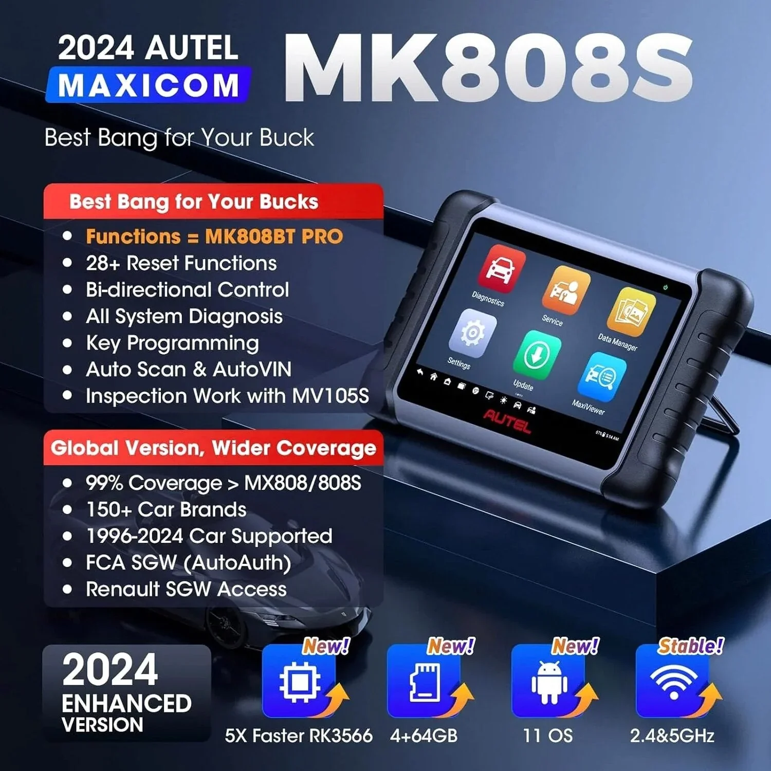 2024 Bidirectional Tool as MK808BT Pro MX808S M808Z, Function as MaxiCheck MX900, Active Test, All System Diagnose, Injector Coding.