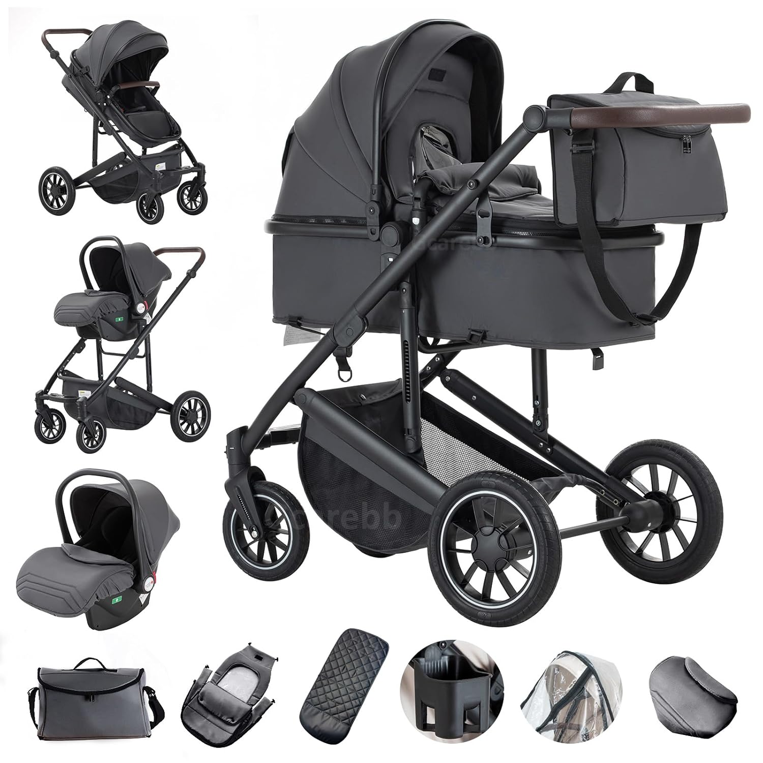Gcarebb 3 in 1 Kinderwagen, Buggy Mit Auto Babyschale, Mit Höhenverstellbarer Kinderwagen Komplettset, KombiKinderwagen Mit Aluminiumrahmen für Neugeborene 0-4 Jahre