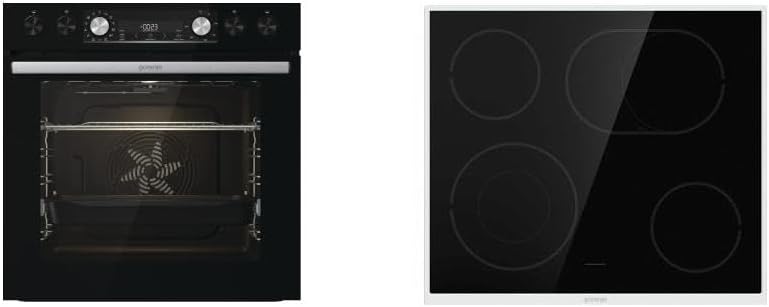 Gorenje Einbau-Herd-Set Black Set 4 mit Glaskeramik-Kochfeld, Heißluft, 77 Liter, ExtraSteam, GentleClose & Open, EcoClean, AirFry, PizzaMode, PerfectGrill, Teleskopauszüge, Schwarz
