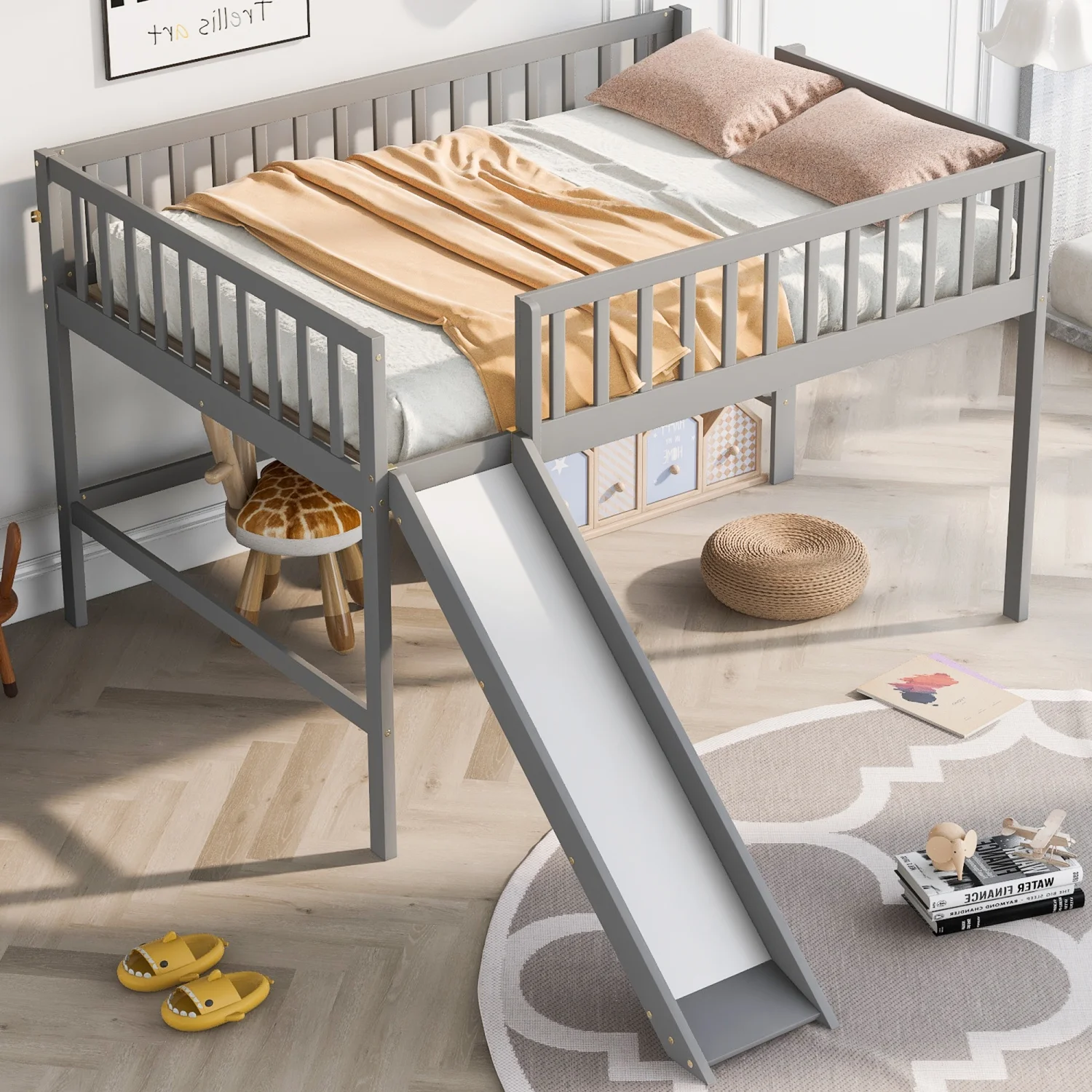 2025 Grijze Laag Hoogslaper Bed met Leuk Trapje en Glijbaan voor Kinderkamer