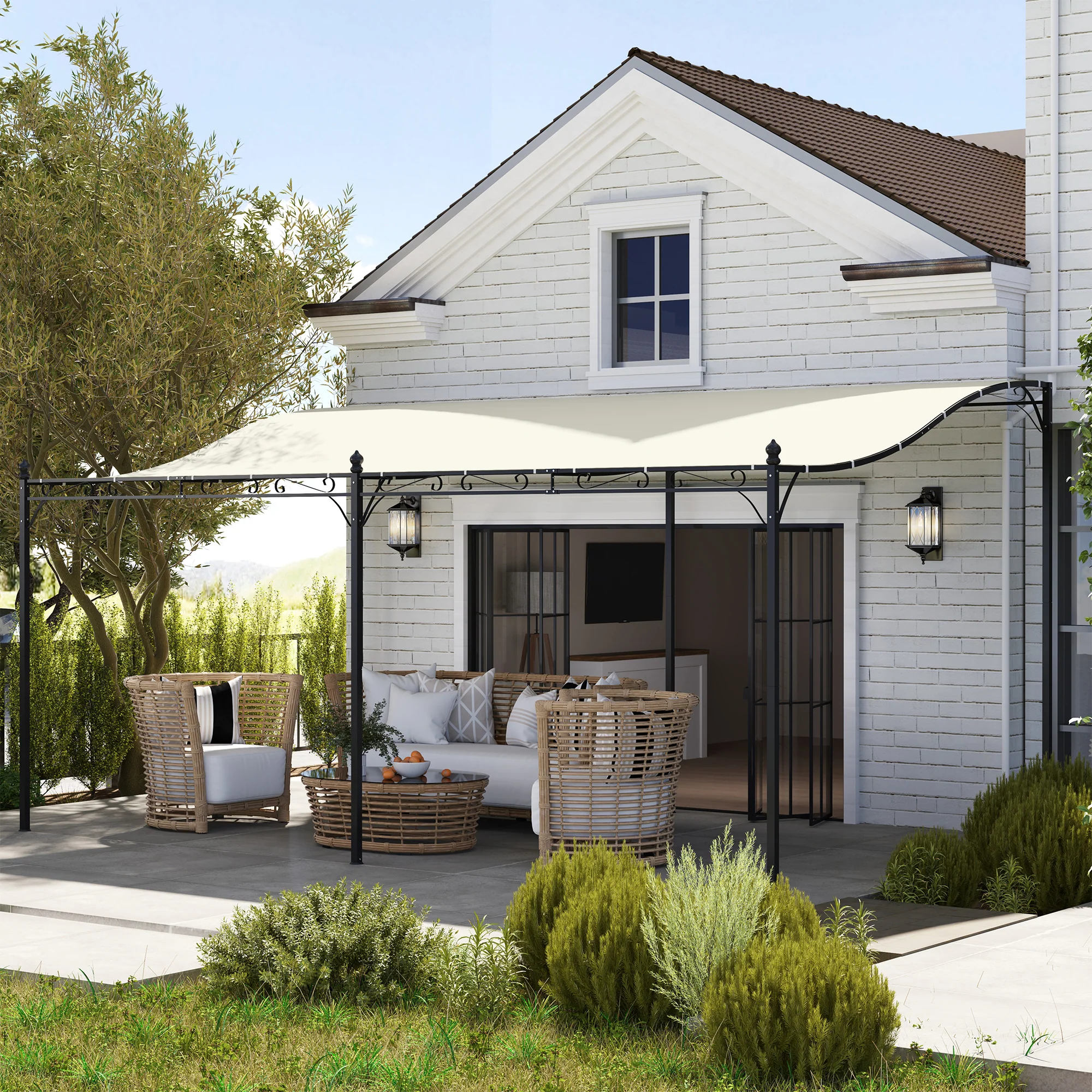 Outsunny 3 x 5 m Pergola, Flexibel Tuindak met Waterdichte Zeil en Metalen Frame, Schaduwplek, Crèmewit