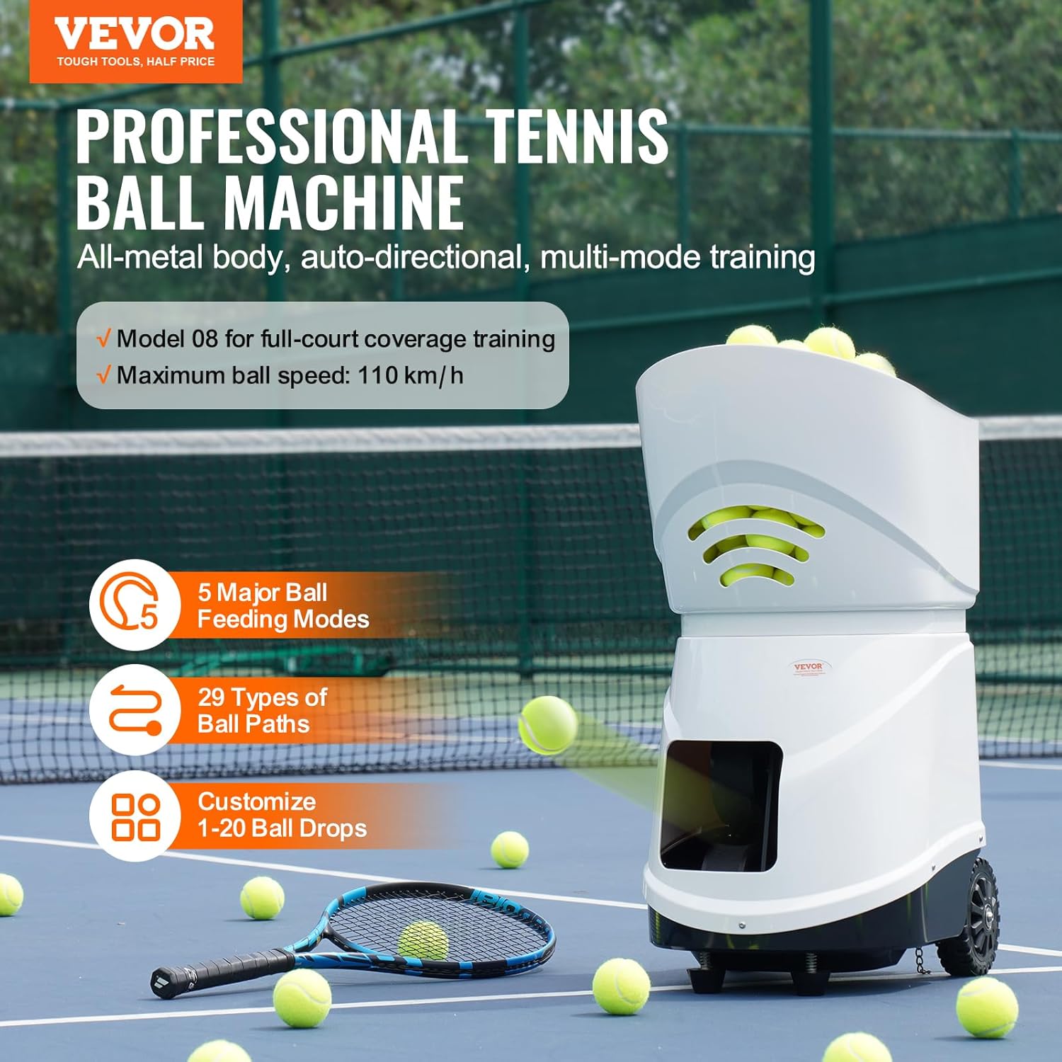 VEVOR Tennisballmaschine, tragbarer Tennisballwerfer, Übungswerfer für 150 Bälle, Tennistraining, 5 Motoren, Multimodus-Übungen, über 2 Std. Spielzeit, wiederaufladbarer Akku, Fernbedienung per App