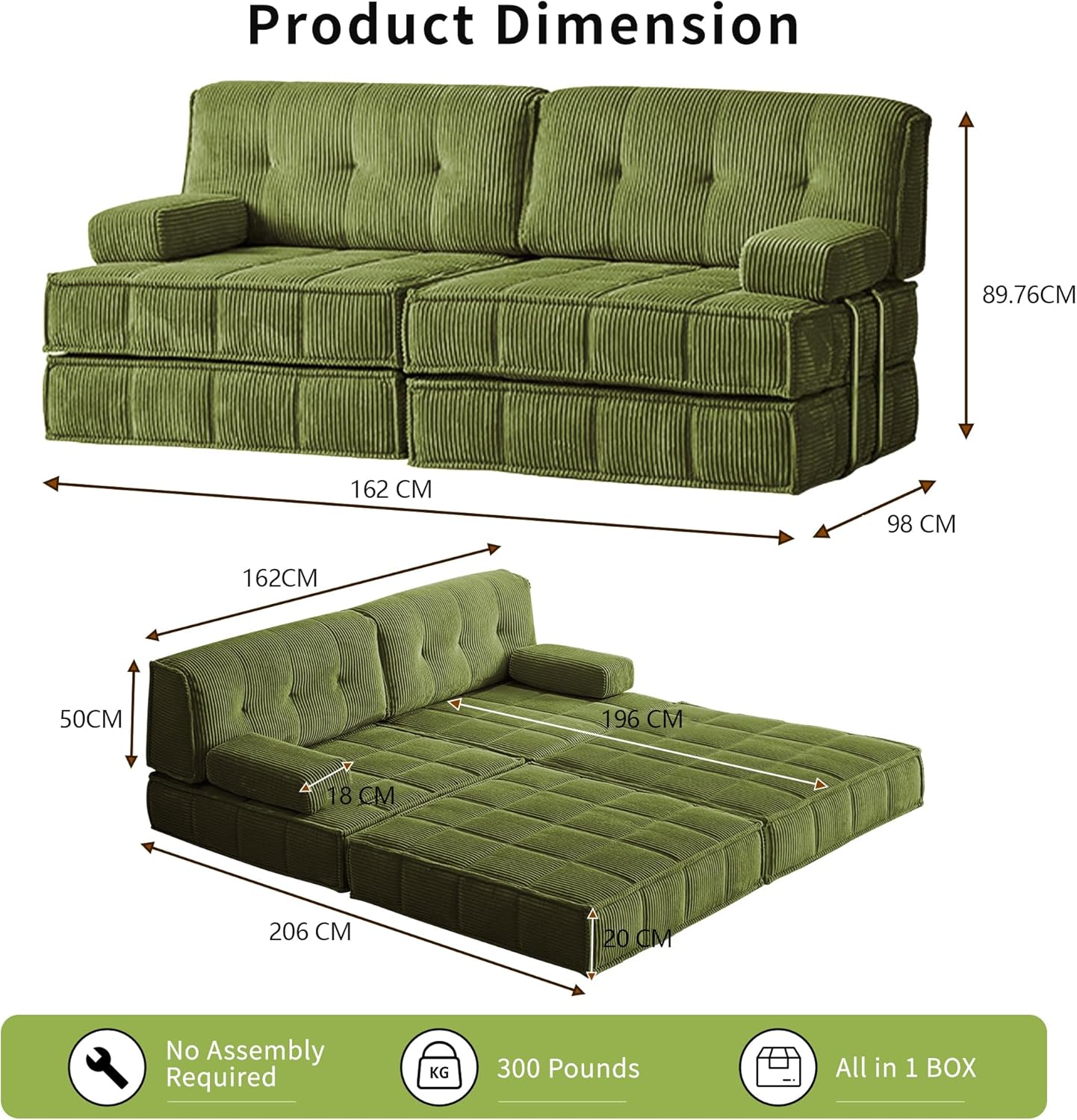 6 in 1 Schlafsofa 160x100cm,Klappbare Matratze 200x160cm mit festem Rahmen, bequemer ausklappbarer Futon, 4-Sitzer Gästesofa modularer Loveseat ohne Federkern für Wohnzimmer