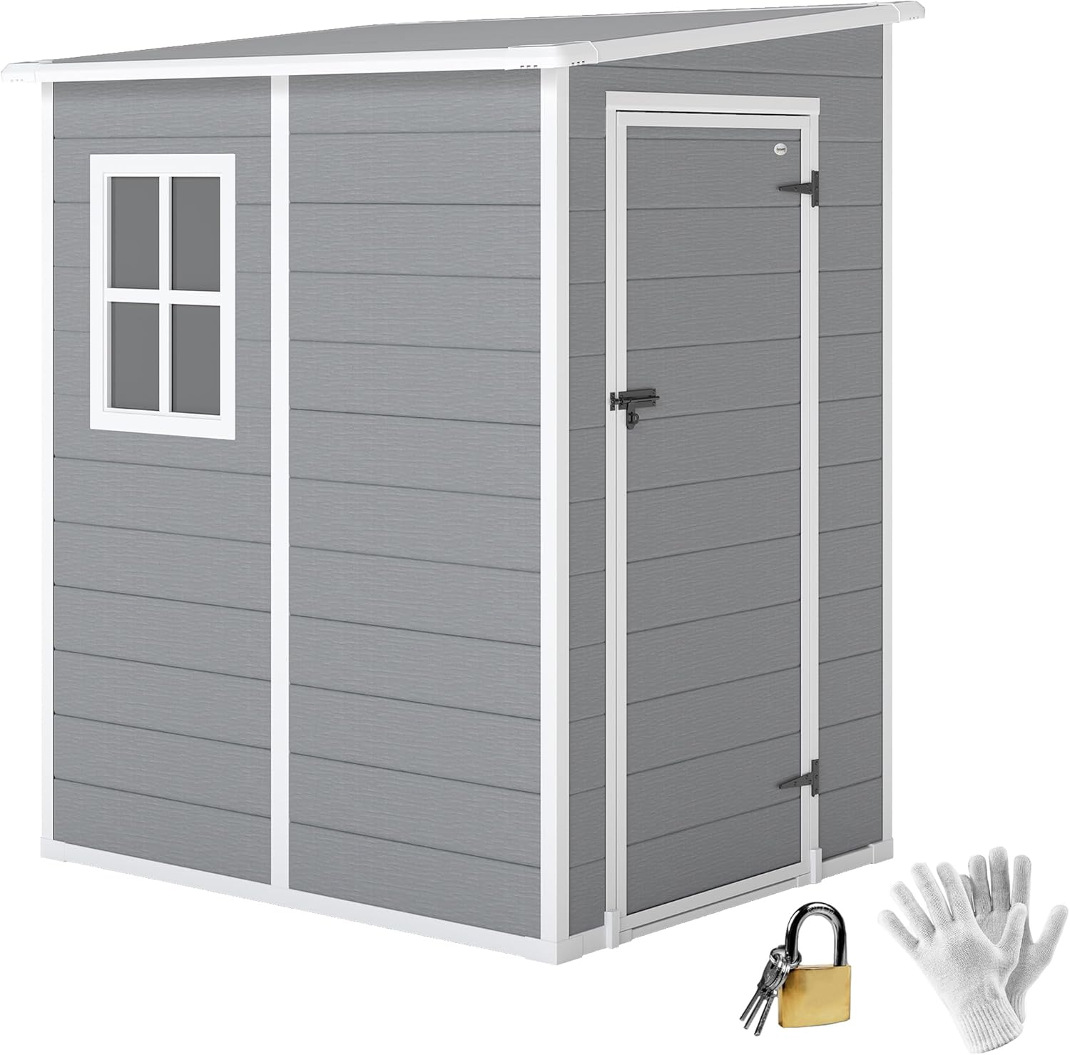 Outsunny Gerätehaus 1,54m³, Gartenhaus mit Pultdach, Boden 122 x 149 x 192/177 cm, wetterfest Geräteschuppen mit Abschließbar Tür, Fenster, Gartenschrank aus Kunststoff, für Hinterhof, Garten, Grau