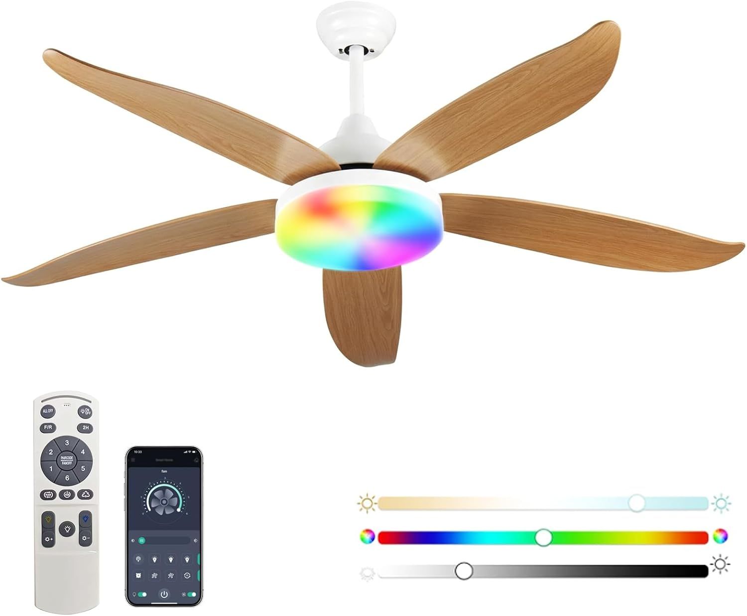 Advwin Smart Ceiling Fan with RGB Lights, 6-Speed Settings & Timer, Quiet Reversible DC Blades, Wood Finish