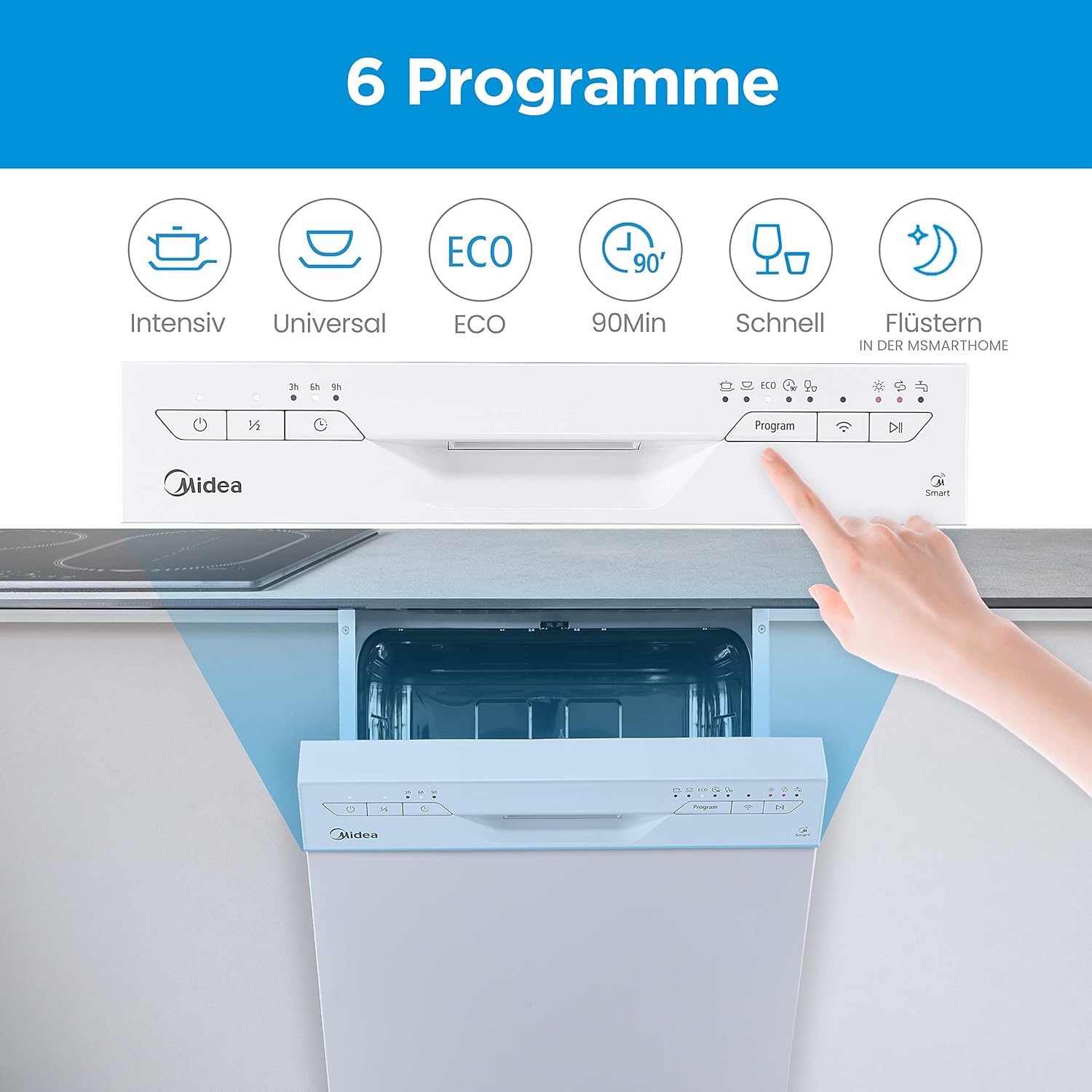 Midea Geschirrspüler Unterbau MDWEU1435XSS-W, 14 Maßgedecke, Spülmaschine 60 cm Teilintegrierbar mit WIFI, Extra Trocknung, 7 Programme, 47dB, 0-24h Startzeitverzögerung, Inox