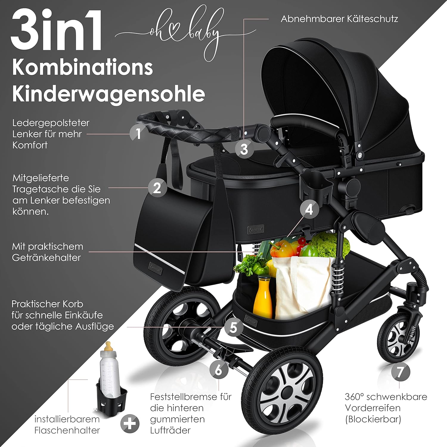 KESSER® Loops 3 in 1 Kinderwagen Kombikinderwagen Komplett-Set inkl. Babywanne & Buggy Sportsitz & Auto-Babyschale Voll-Gummireifen Wickeltasche Regenschutz Kindertisch ECE R129, Schwarz/Champagne