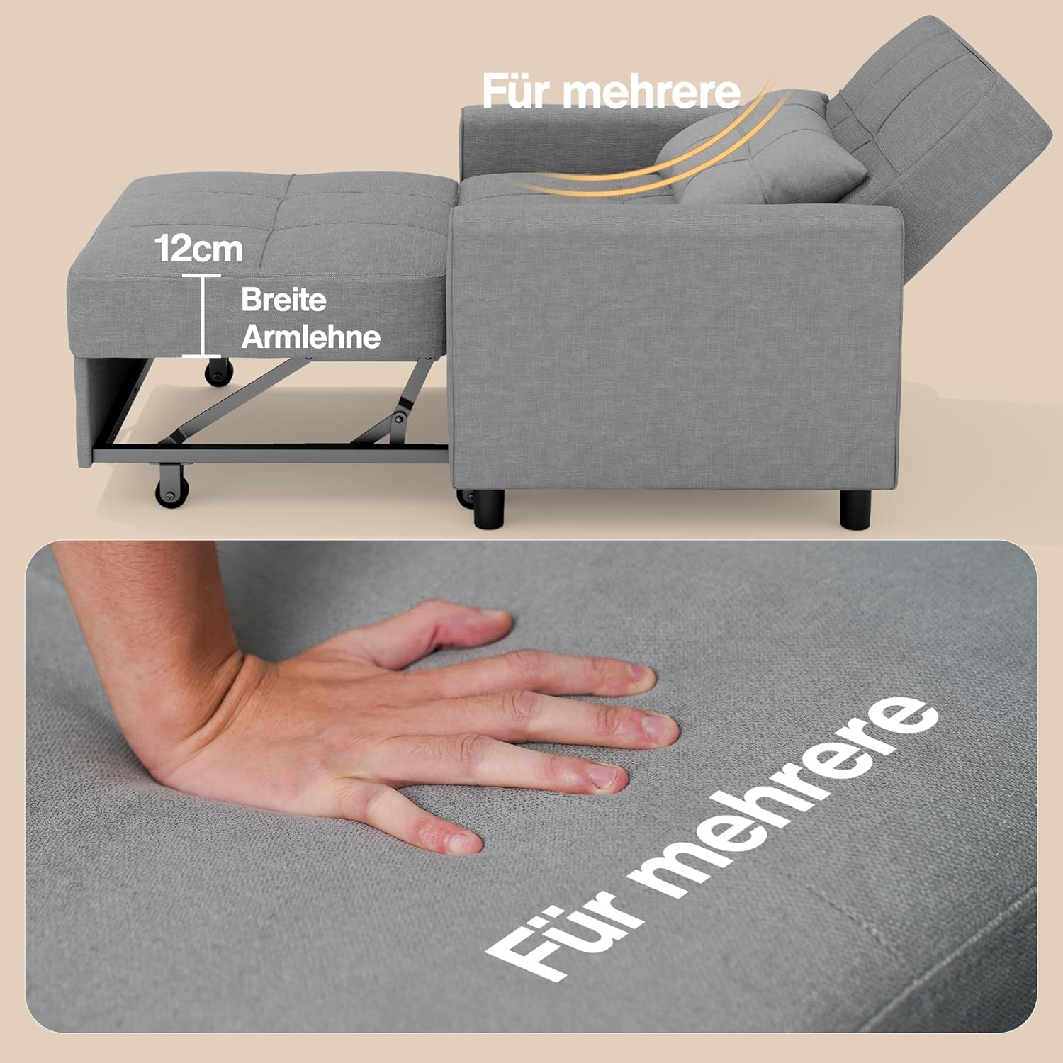 Bealife Relaxsessel, Schlafsessel mit Verstellbarer Rückenlehne, Fernsehsessel, Klappbares Schlafsofa, Relaxsessel fürs Wohnzimmer,Schlafzimmer (Hellgrau)