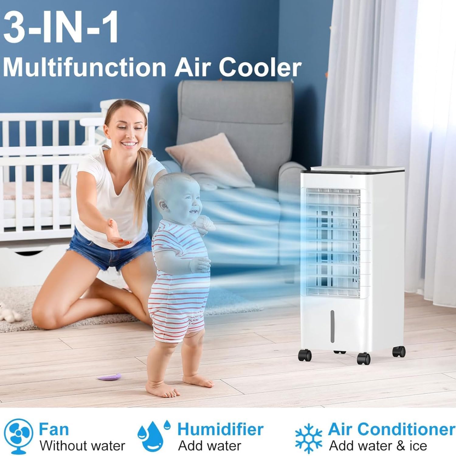 Klimagerät Mobil mit Wasserkühlung Verdunstungskühler ohne Abluftschlauch Ventilator Luftbefeuchter Luftkühler mit 3 Geschwindigkeiten 9L Wassertank 90° Oszillation 15H Timer für Zimmer