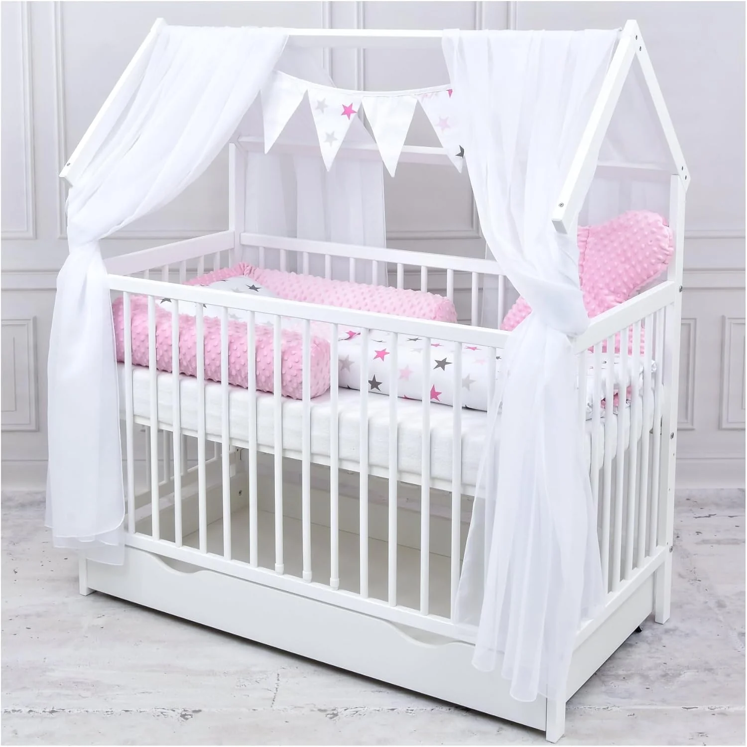 Baby Delux Babybett Komplett Set Hausbett 60x120 cm wei? Schublade Rausfallschutz Kinderbett Matratze Bettw?sche Deko Set (Prince Stars)