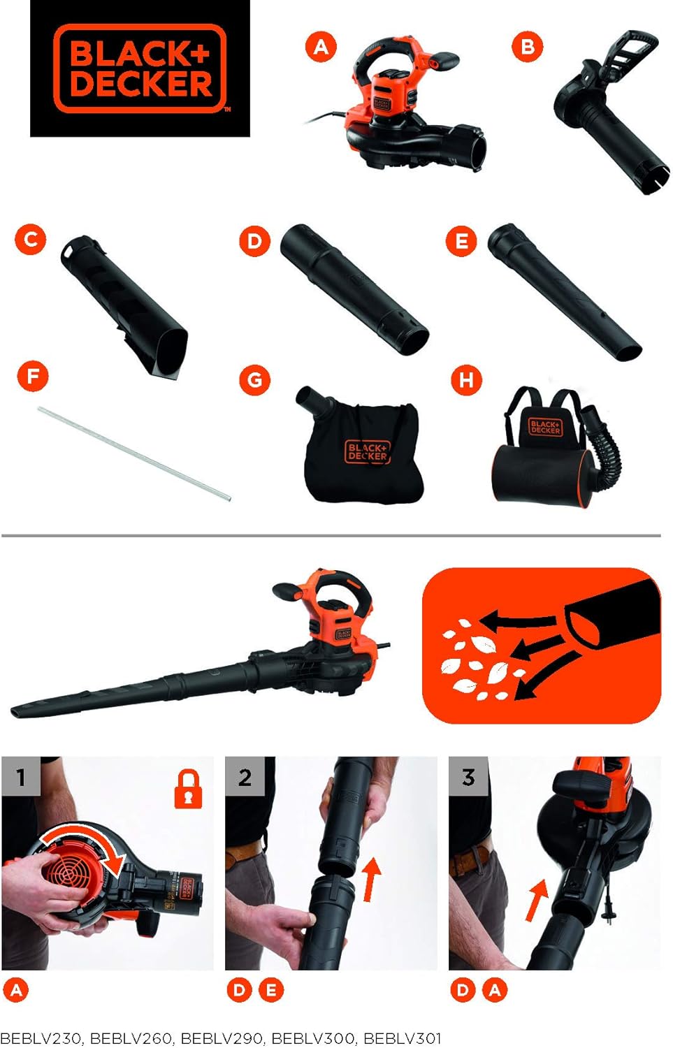Black+Decker 3-in-1 Elektro-Laubsauger/Laubblser BEBLV301 (3.000 Watt, mit Hcksler + aufsteckbarem Laubrechen, 72l Fangsack-Rucksack - hohe Blasgeschwindigkeit & verstellbare Saugleistung)