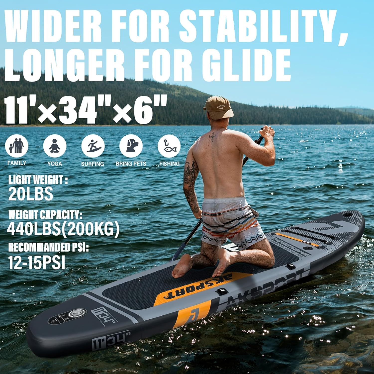 AKSPORT Tabla hinchable de surf de remo, tabla de surf hinchable con todos los accesorios, diseño ancho y estable, tabla antideslizante, tabla de remo para jóvenes y adultos